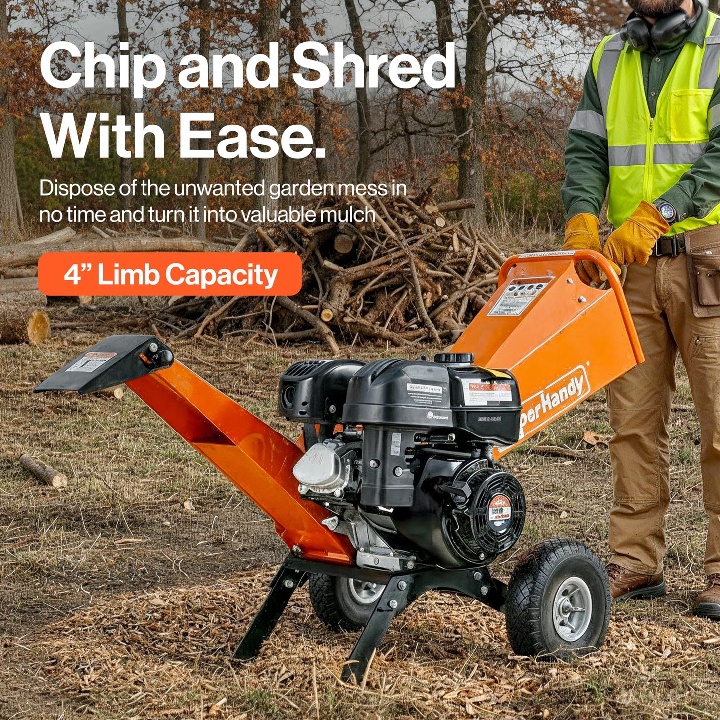 SuperHandy 4-Inch Wood Chipper Shredder Mulcher – 9HP Gas-Powered Heavy Duty Chipping Machine, 10" Wheels, Vertically Adjustable Discharge, Reversible Blades for Yard, Farm & Forestry Cleanup