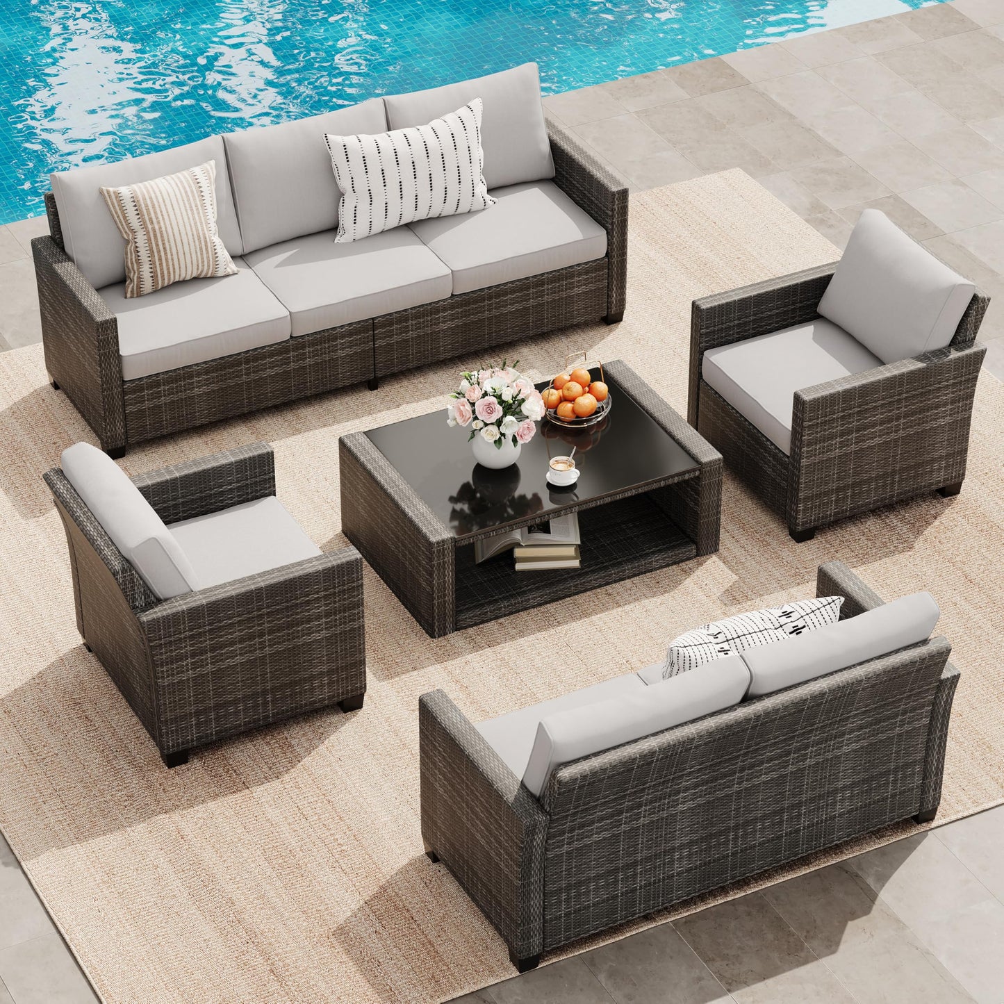 GarveeLife 5 Pieces Patio Furniture Set, 7-Seater Rattan Wicker Patio Conversation Sets with Coffee Table, Outdoor Sectional Patio Sofa Set, Grey Rattan and Grey Cushions