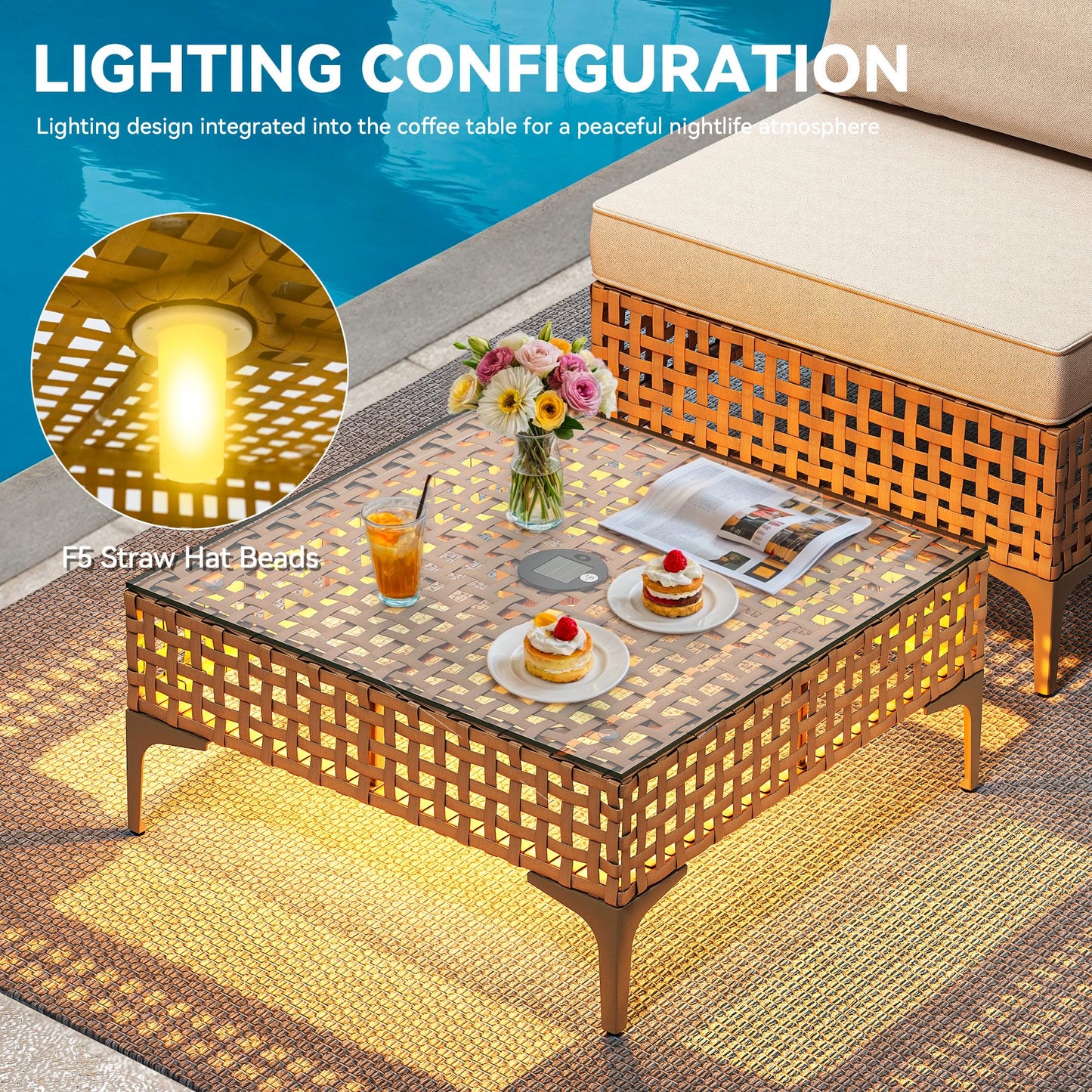 YITAHOME Wicker Patio Furniture Set 3 Pieces Outdoor Sectional Sofa with Solar Light Table Outdoor Couch with Waterproof Cushions All-Weather Rattan Patio Conversation Set for Indoor/Outdoor