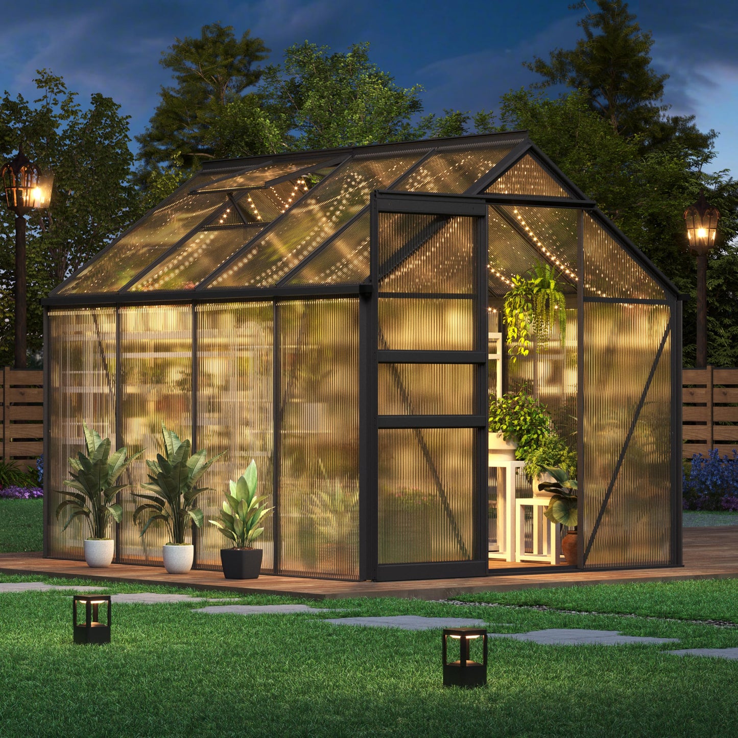 GarveeLife 6 x 8 FT Walk-in Greenhouses for Outside, Polycarbonate Greenhouse with Sliding Door, Adjustable Roof Vent, Aluminum Frame, Backyard Green Houses for Patio Garden