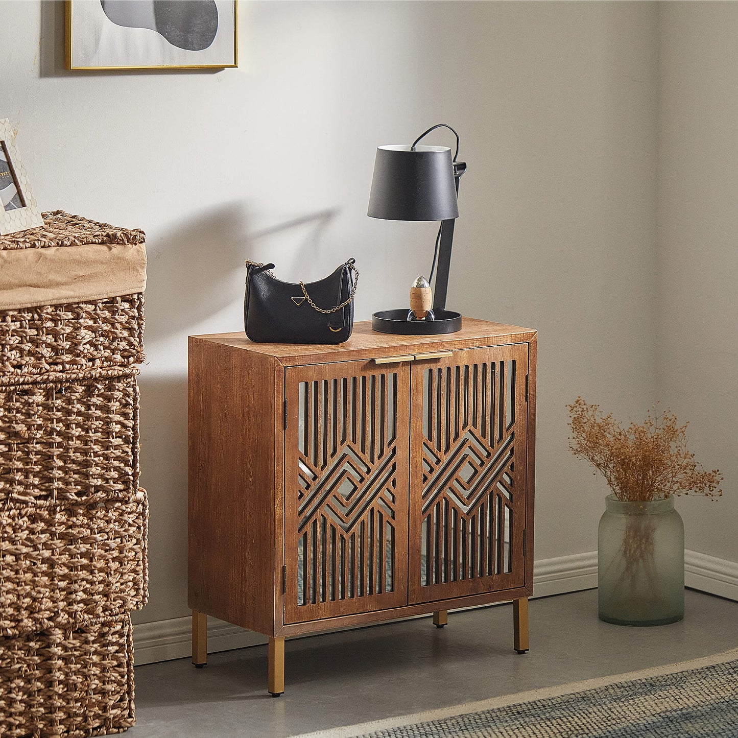 COZAYH 2 Door Accent Cabinet, Wood Sideboard Storage Furniture with Modern Geometric Mirror Front, Freestanding Home and Kitchen Cabinet, Brown/Silver