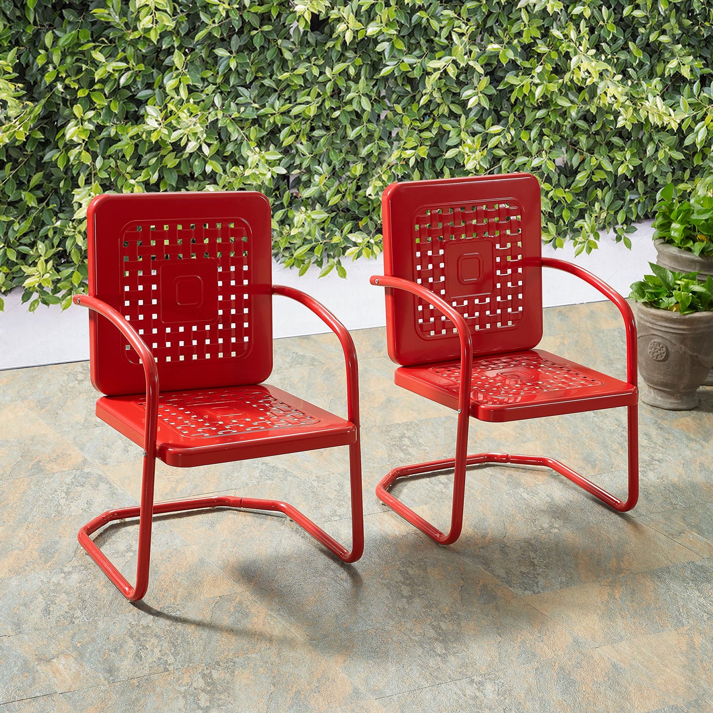 Crosley Furniture Bates 2-Piece Outdoor Chair Set, Retro Metal Patio Chairs for Dining, Porch, Deck, Balcony, Bright Red Gloss