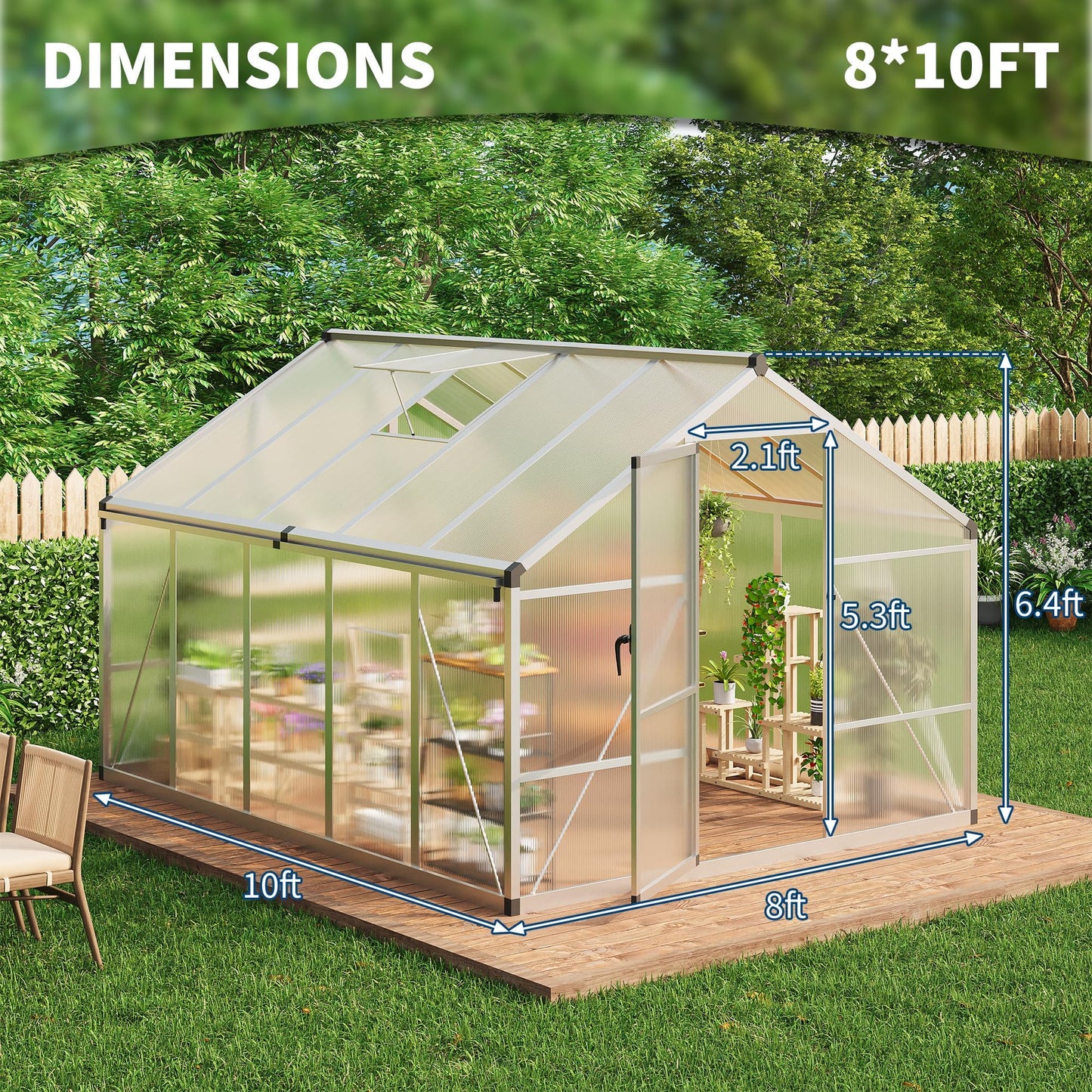 8x12 ft Greenhouse, Polycarbonate Walk-in Greenhouse for Outside with Lockable Outward-Opening Swing Door & Roof Vent, Heavy-Duty Aluminum Green House for Garden, Backyard, Patio, Lawn, Sliver