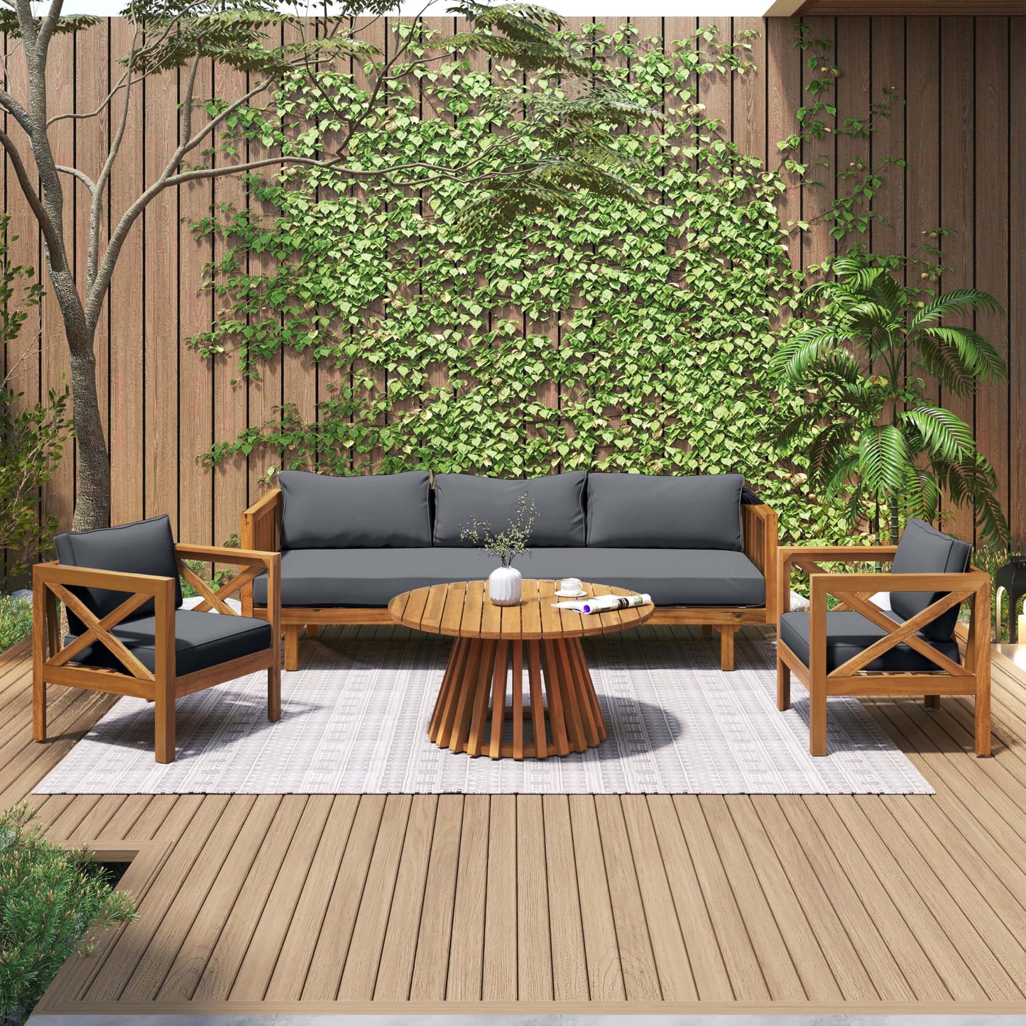 Merax Outdoor 4-Piece Acacia Wood Conversation Set - Patio 3-Seat Loveseat Sofa Daybed with Cushion, 2 Armchair and Round Coffee Table for Backyard, Lawn, Balcony, Teak + Gray