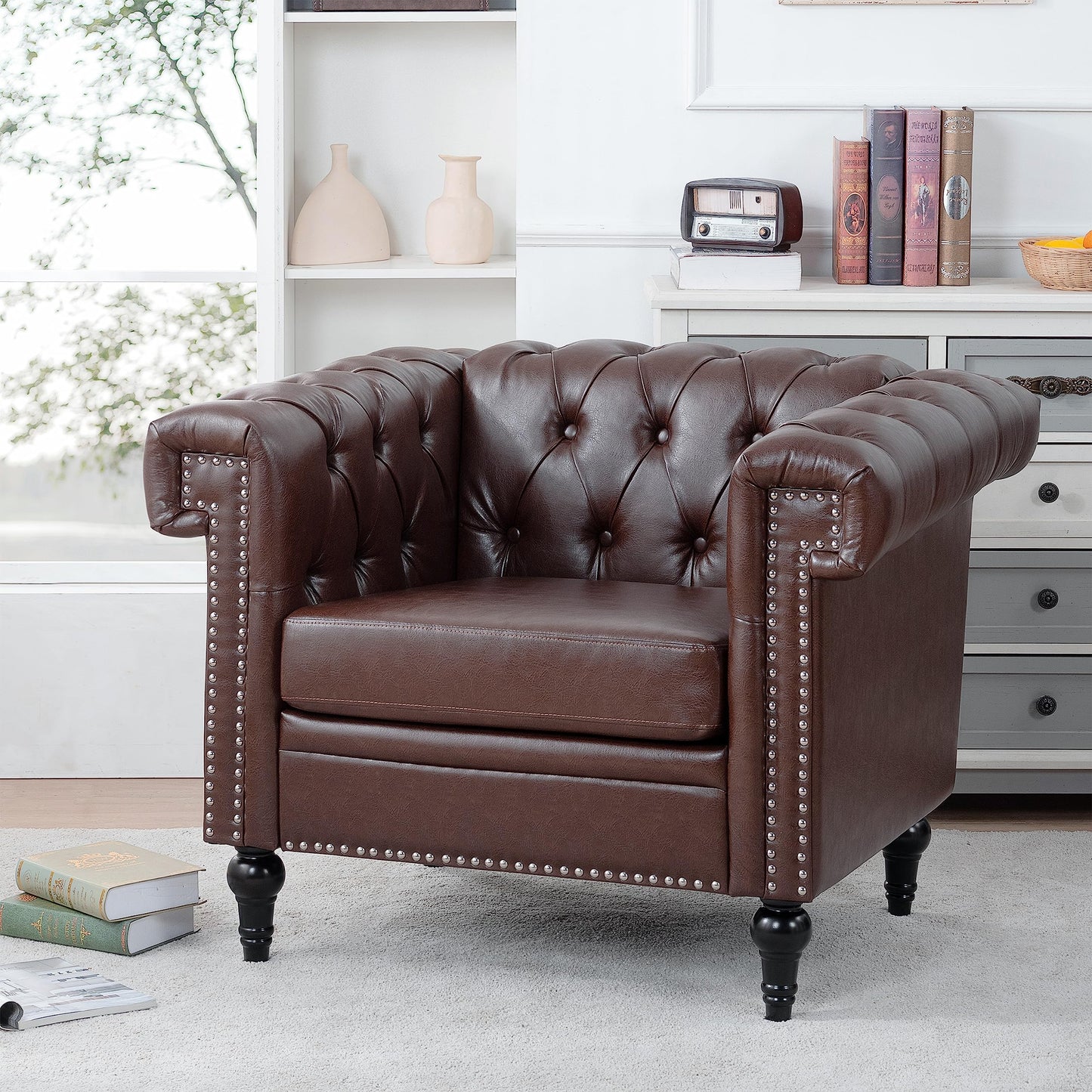 GDFStudio 39" Mid-Century Modern Sofa PU Leather Accent Couch with Rivet Trim, Deep Seat Single Sofa Chair with Rolled Arms, Solid Wood Legs, Vintage Couch for Living Room, Brown