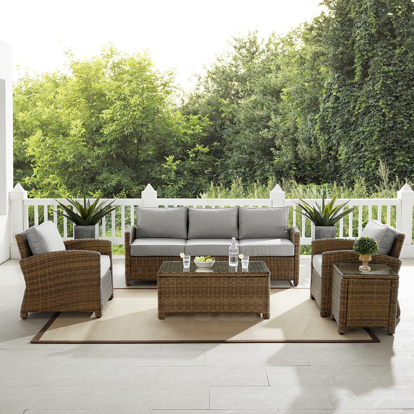 Crosley Furniture Bradenton 5-Piece Outdoor Sofa Patio Furniture Set, Wicker Conversation Sets for Porch, Brown with Gray Cushions