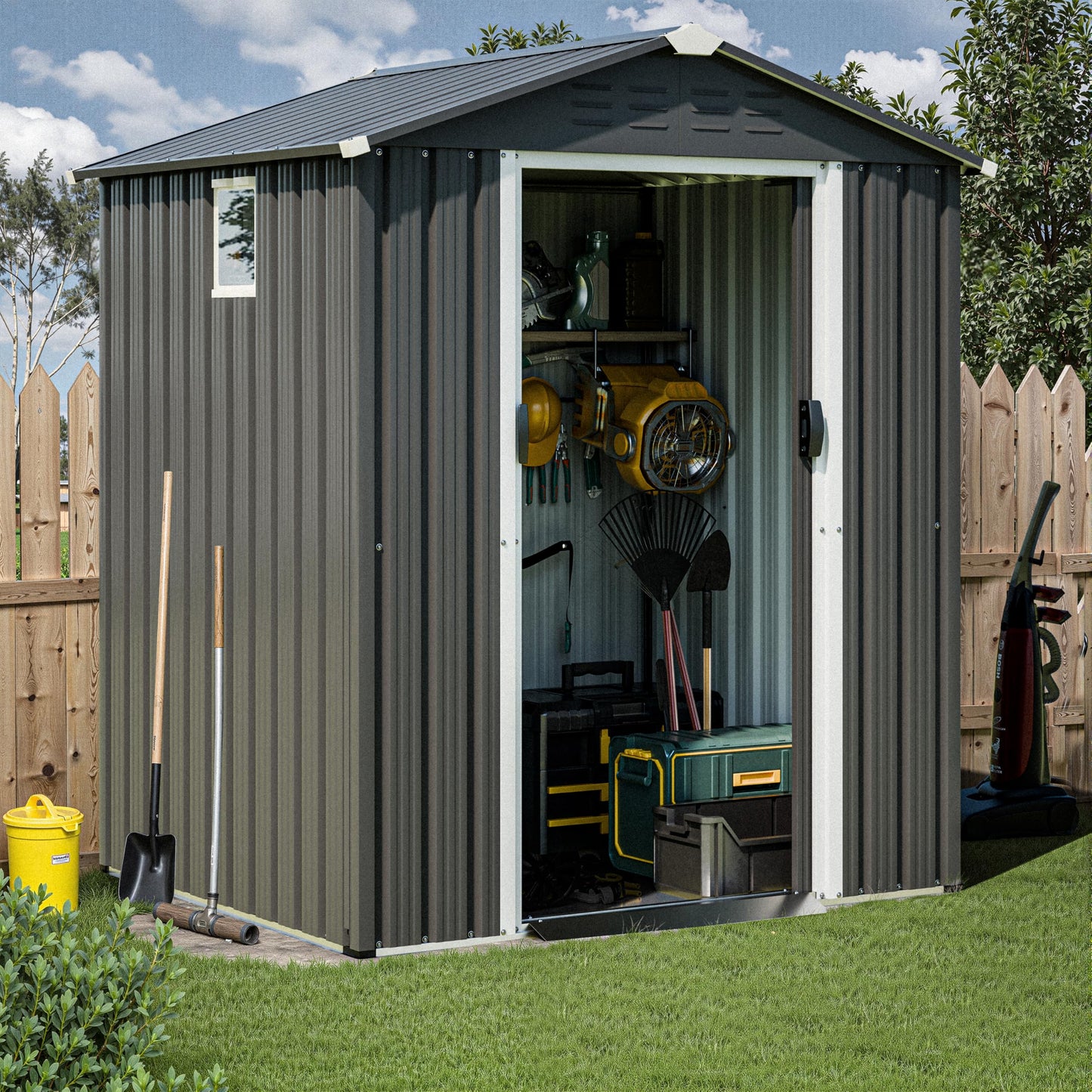JYQAQA 6x4 FT Outdoor Storage Shed,Waterproof Metal Garden Sheds with Lockable Double Door,Weather Resistant Steel Tool Storage House Shed for Garden,Patio,Lawn, Gray