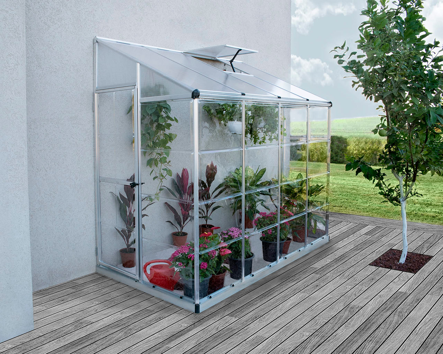 Palram - Canopia 4x8 Lean-To Greenhouse for Outdoors, Hobby Walk-In UV Polycarbonate Panels Heavy Duty Aluminum Frame, Lockable Door, Adjustable Roof Vent, Rain Gutters, Galvanized Steel Base, Hybrid