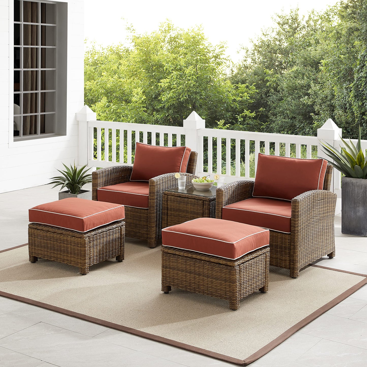 Crosley Furniture Bradenton 5-Piece Outdoor Chair Patio Furniture Set, Wicker Conversation Sets for Porch, Weathered Brown with Sangria Cushions