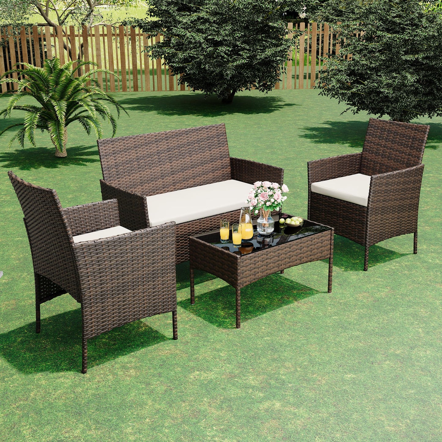 4 Pieces Patio Furniture Sets, Outdoor Wicker Conversation Sets with Soft Cushion and Glass Table, All Weather Manual Rattan Chairs for Garden, Terrace, Porch, Lawn, Poolside, Brown and Beige