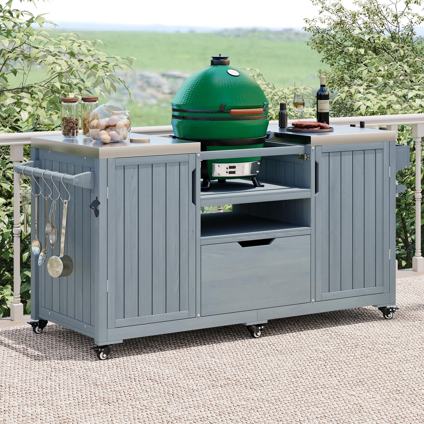 Merax Outdoor Kitchen Island for Big Green Egg, 66.5" Grill Cart with Stainless Steel Top, Storage Cabinet, Wheels, Solid Wood Grill Table, Kamado Joe Compatible