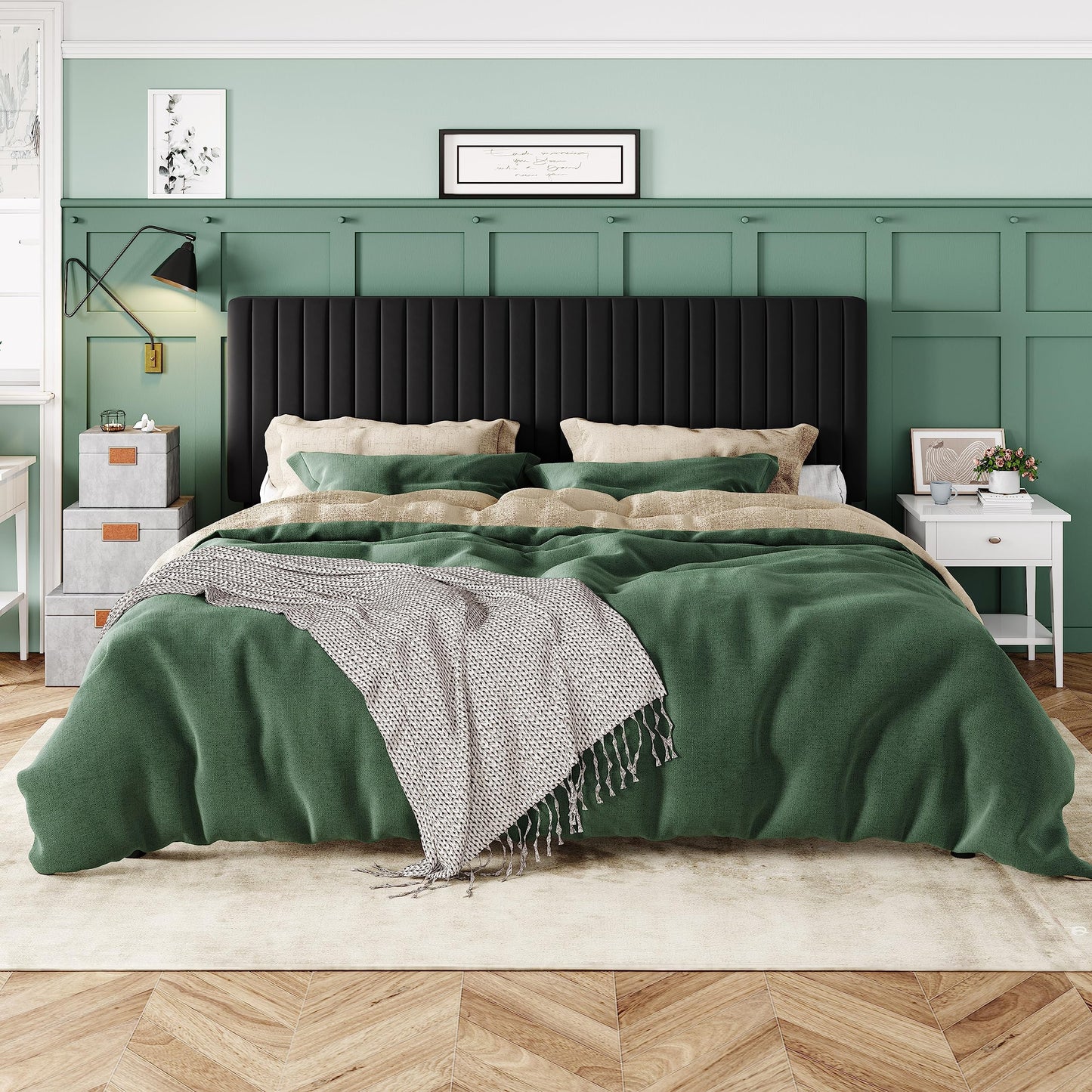 Allewie King Platform Bed Frame, Velvet Upholstered with Adjustable Vertical Channel Tufted Headboard, Mattress Foundation with Strong Wooden Slats, Box Spring Optional, Easy Assembly, Black