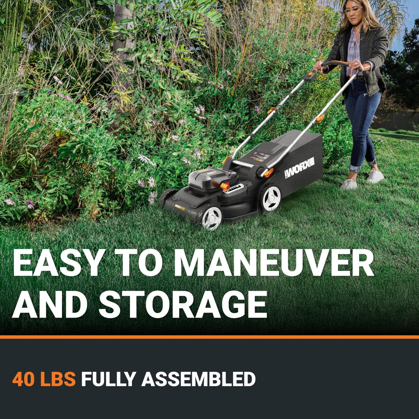 WORX Cordless Lawn Mower, 17" Electric Mower Cuts to Edge, Compact & Lightweight Push Lawn Mower with 6-Position Height Adjustment for Medium Size Yards, 2 Batteries & Charger Included, WG745