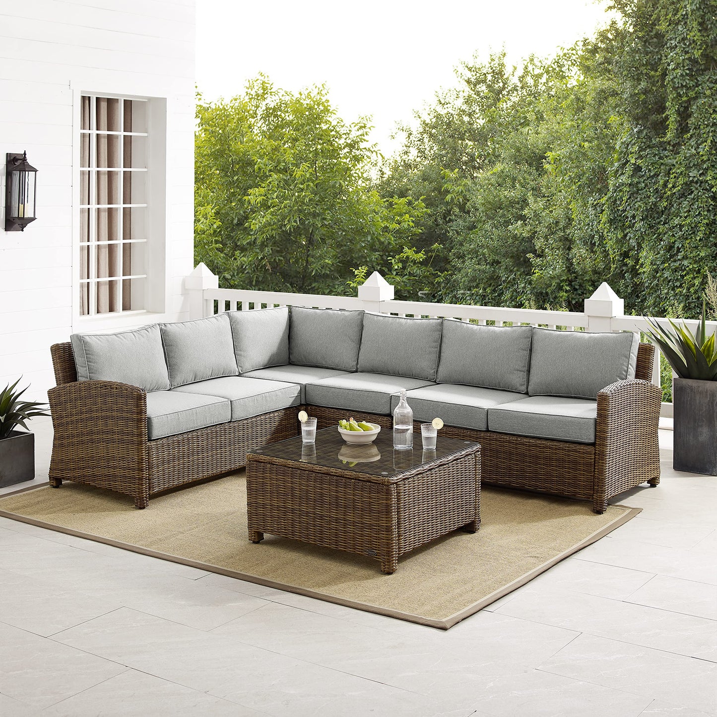 Crosley Furniture Bradenton 5-Piece Outdoor Sectional Sofa Wicker Conversation Patio Furniture Set for Deck, Brown with Gray Cushions