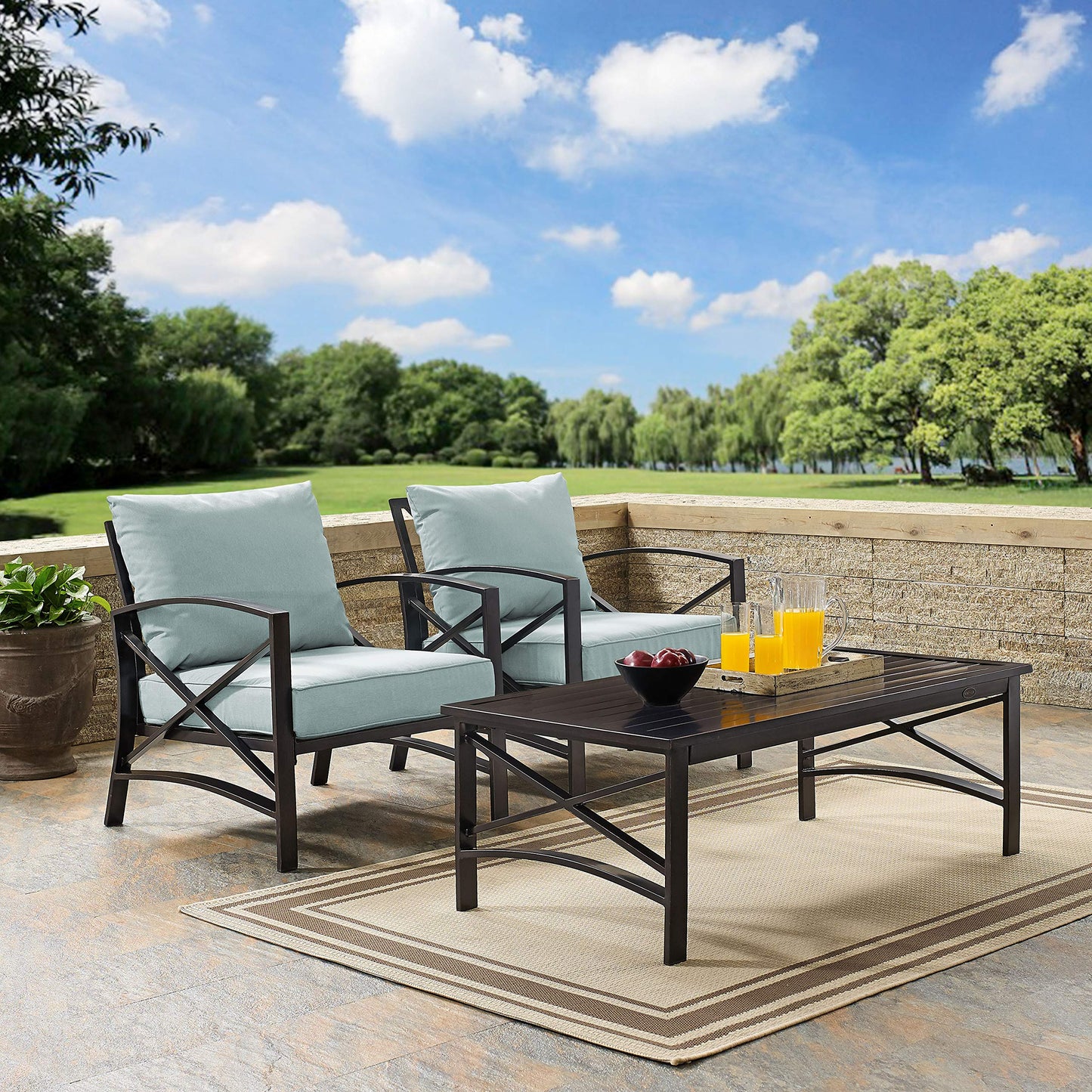 Crosley Furniture Kaplan 3-Piece Outdoor Chair and Coffee Table Set, Wicker Patio Conversation Sets for Deck, Oiled Bronze with Mist Cushions