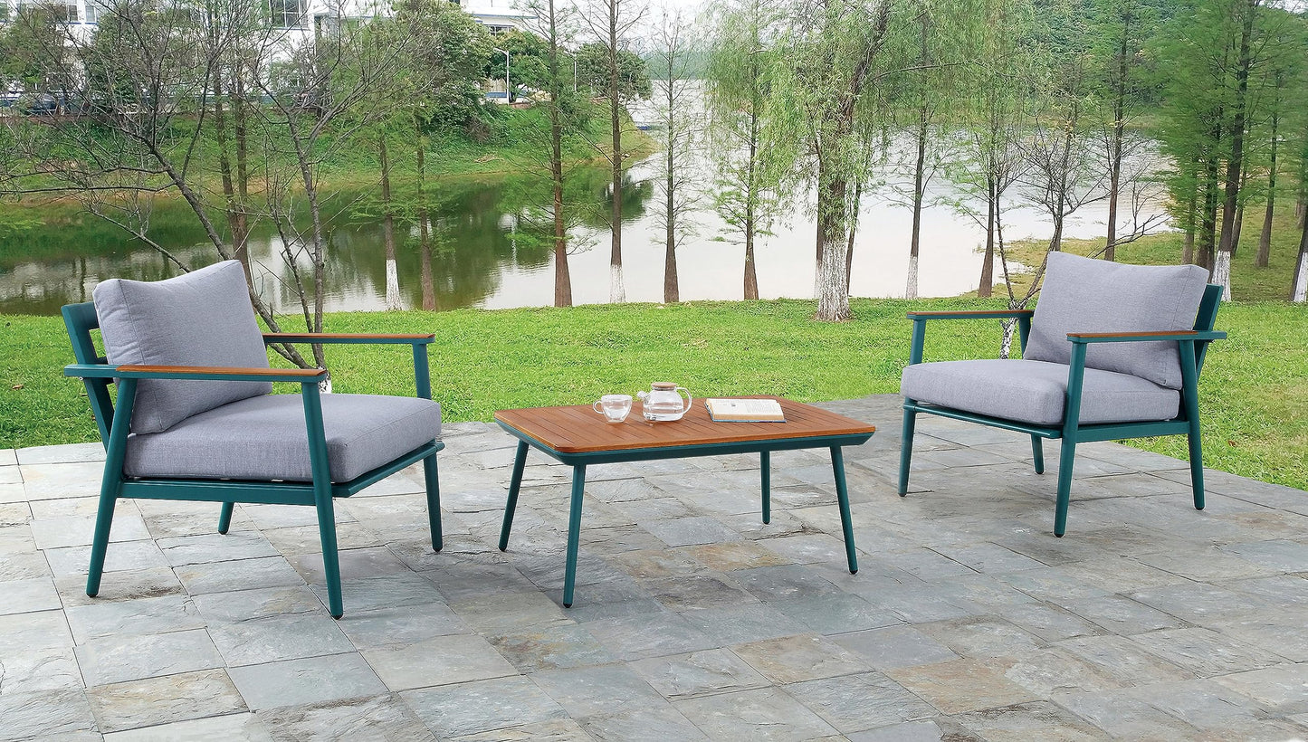 Furniture of America Beth Mid-Century Modern 3-Piece Aluminum Patio Conversation Set, Rectangle Table and 2 Padded Outdoor Chairs for Garden, Backyard, Deck, Gray, Green and Oak Brown