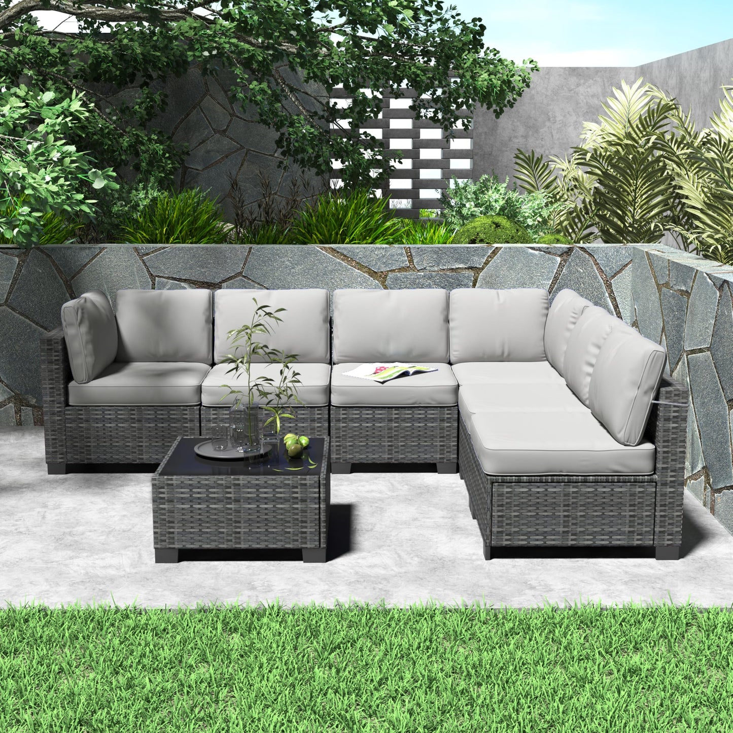 GarveeHome 7 Piece Patio Furniture Set, PE Rattan Wicker Sectional Sofa Set with Cushions & Glass Top Coffee Table, Outdoor Conversation Furniture for Garden, Balcony, Porch, Backyard