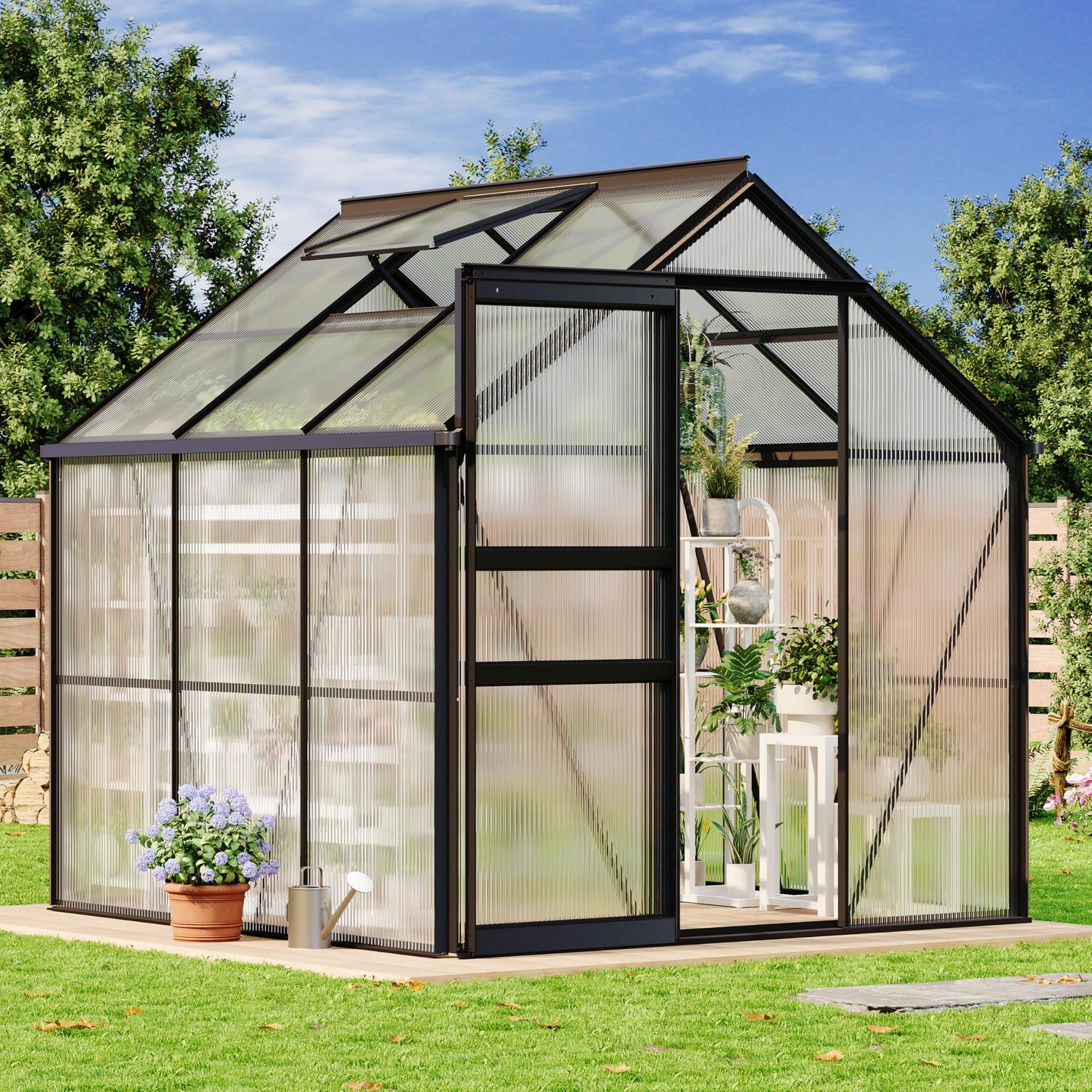 GarveeLife 6 x 6 FT Walk-in Greenhouses for Outside, Polycarbonate Greenhouse with Sliding Door, Adjustable Roof Vent, Aluminum Frame, Backyard Green Houses for Patio Garden