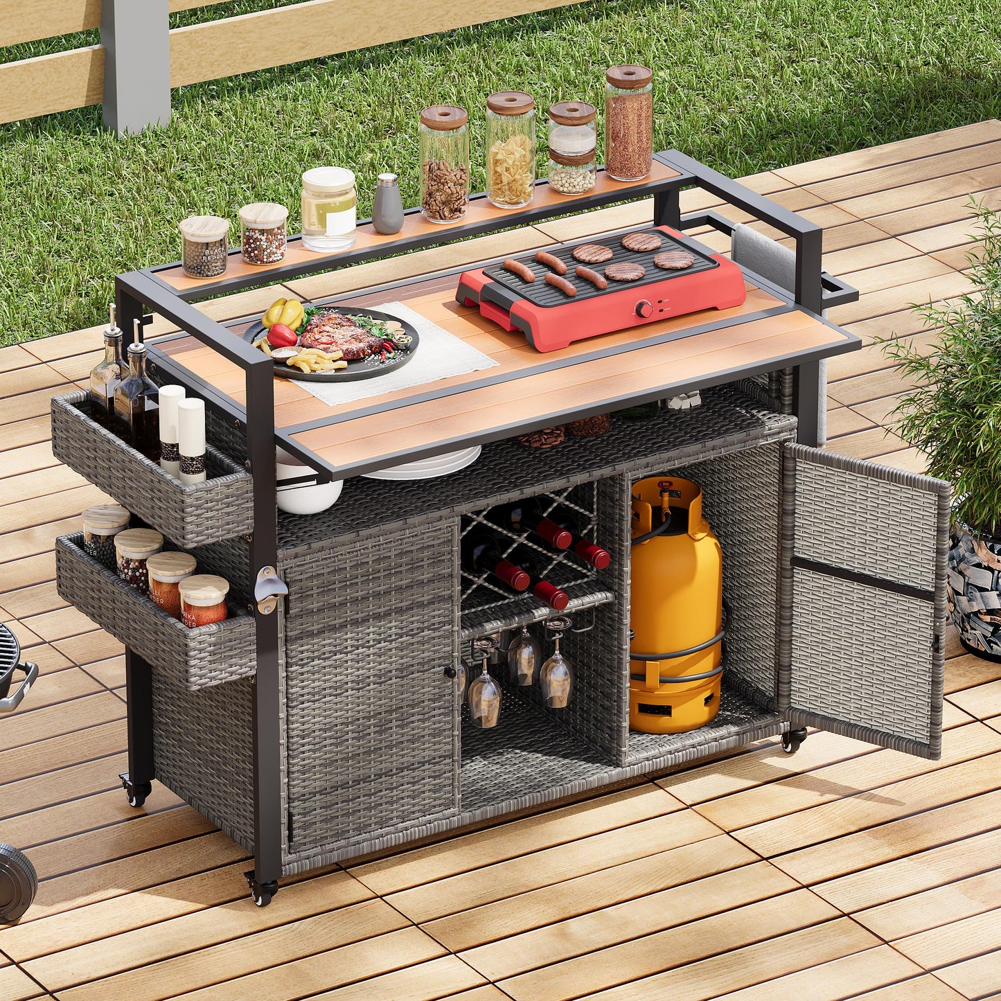 Trygoal Outdoor Grill Cart BBQ Prep Station, Double Tabletop Rolling Wicker Kitchen Island with 7 Adjustable Shelves & Wine Rack, Weather-Resistant Storage Cabinet for Patio Backyard Garden, Gray