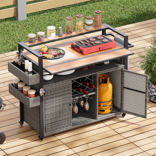 Trygoal Outdoor Grill Cart BBQ Prep Station, Double Tabletop Rolling Wicker Kitchen Island with 7 Adjustable Shelves & Wine Rack, Weather-Resistant Storage Cabinet for Patio Backyard Garden, Gray