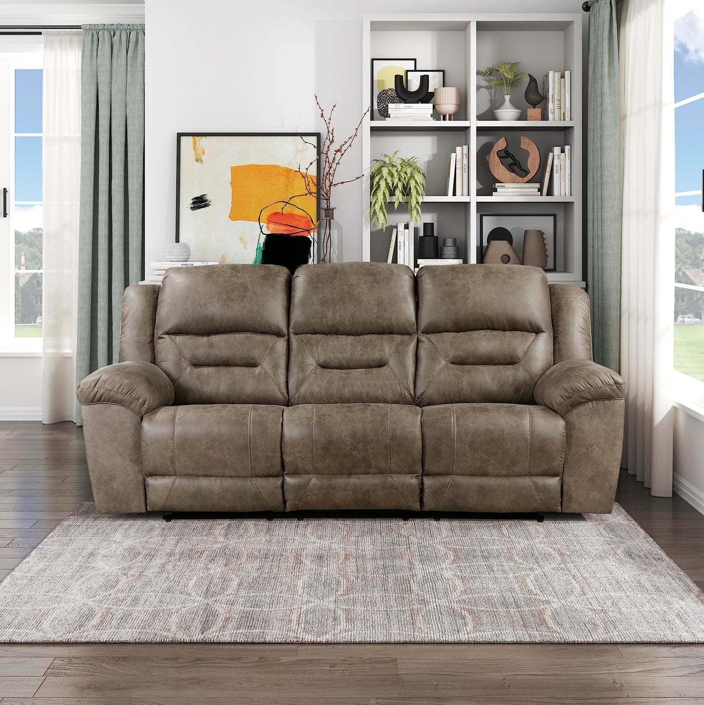Lexicon Manual Double Reclining Sofa, Wall Hugger Polished Microfiber Manual Recliner Sofa, for Living Room, Required Assembly, Brown