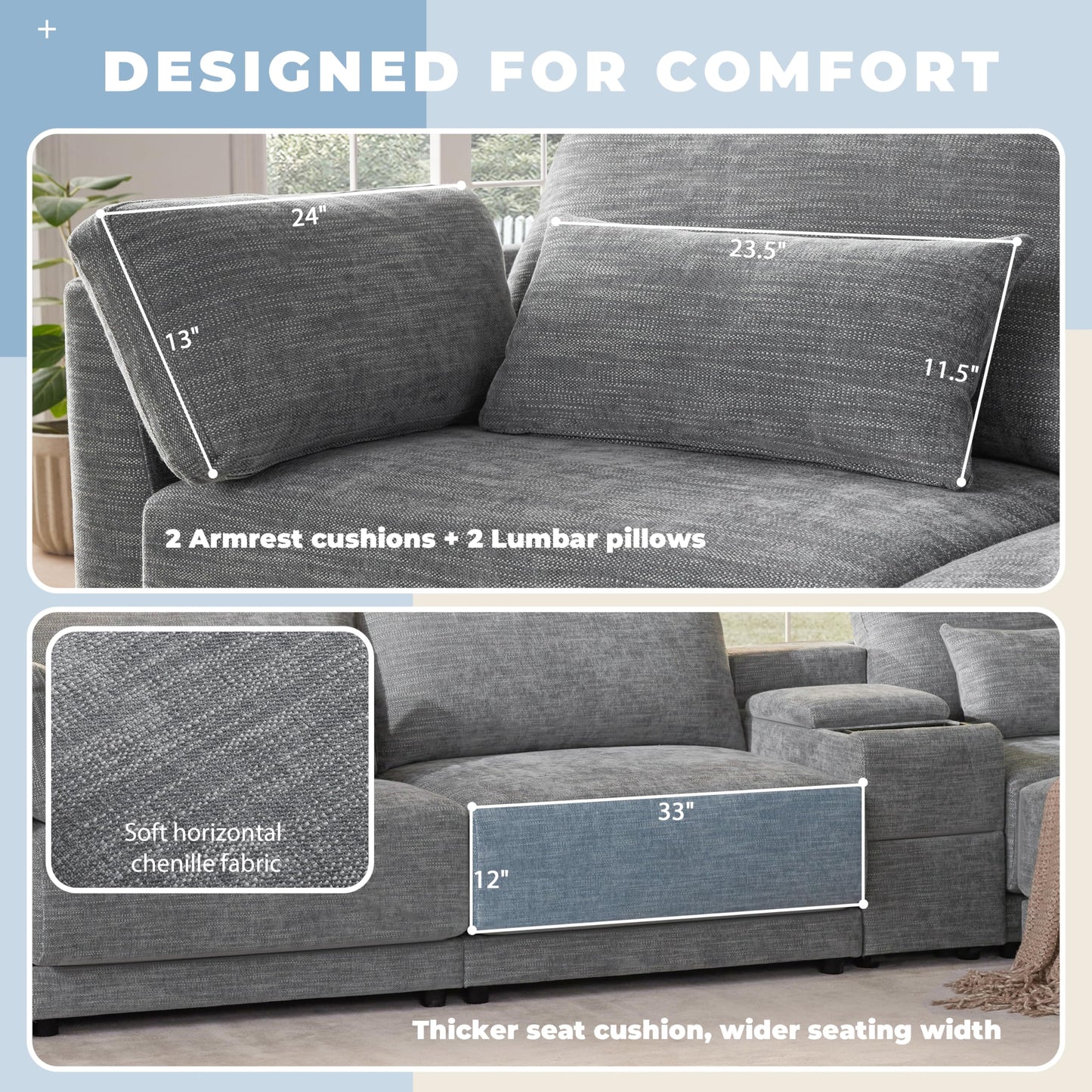 124" L-Shaped Corner Sectional Sofa with Multi-Functional Storage Console for Home Apartment, Luxury Chenille Upholstered Cloud Couches W/Wireless Charger & Ottoman