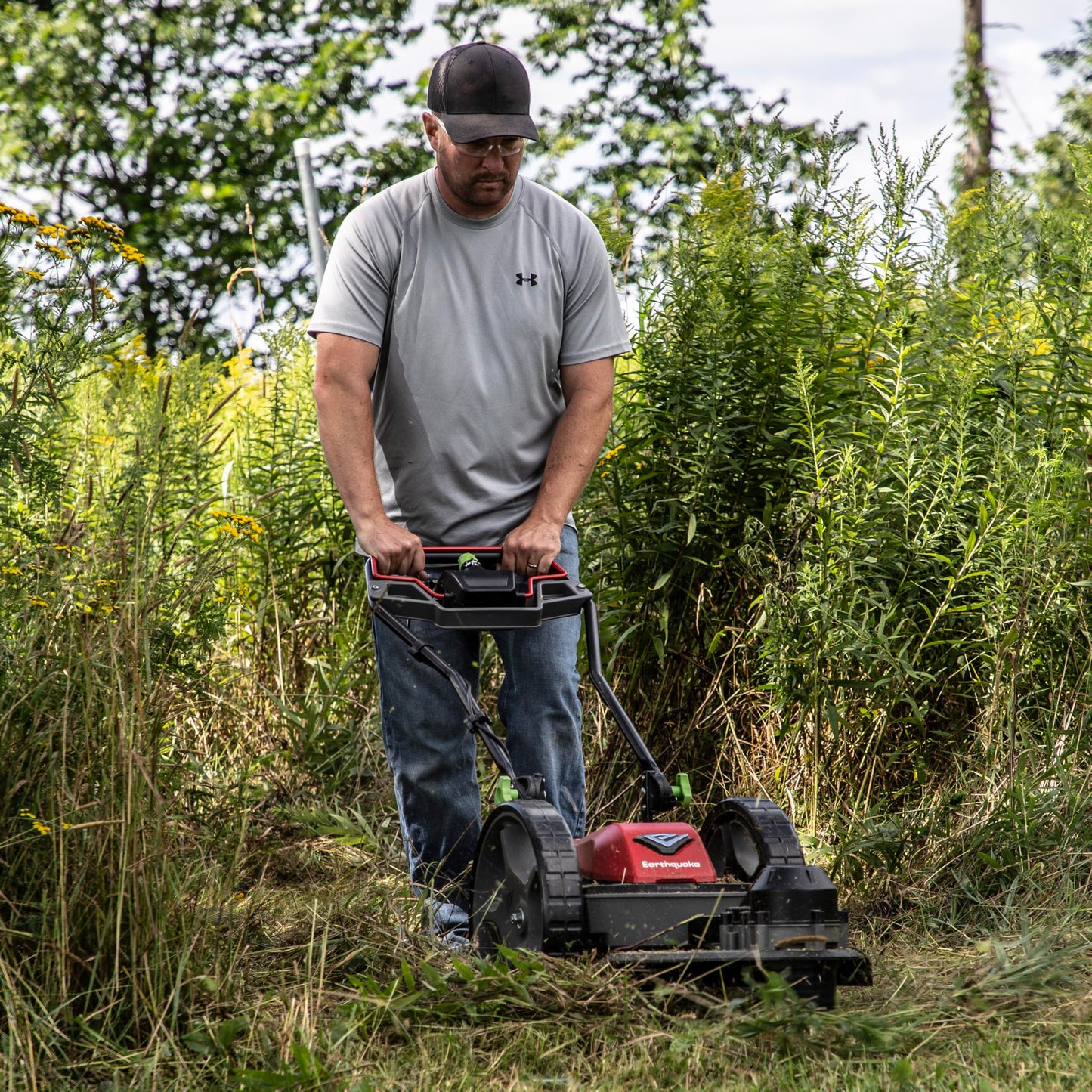 Earthquake 60V Walk Behind String Mower, Includes Two 4Ah Batteries, 22” Cutting Diameter, Three Cutting Speed Dial, 14” Never-Go-Flat Wheels, Easy Assembly, Adjustable Handlebar, Model #44965