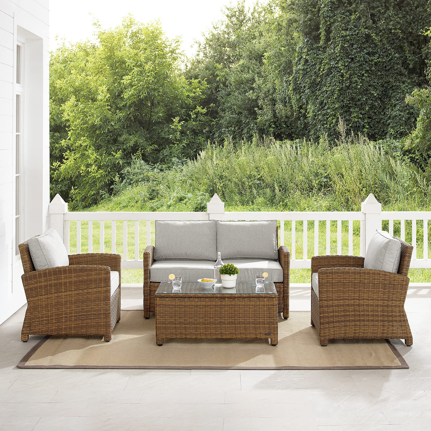 Crosley Furniture Bradenton 4-Piece Outdoor Loveseat Patio Furniture Set, Wicker Conversation Sets for Porch, Brown with Gray Cushions