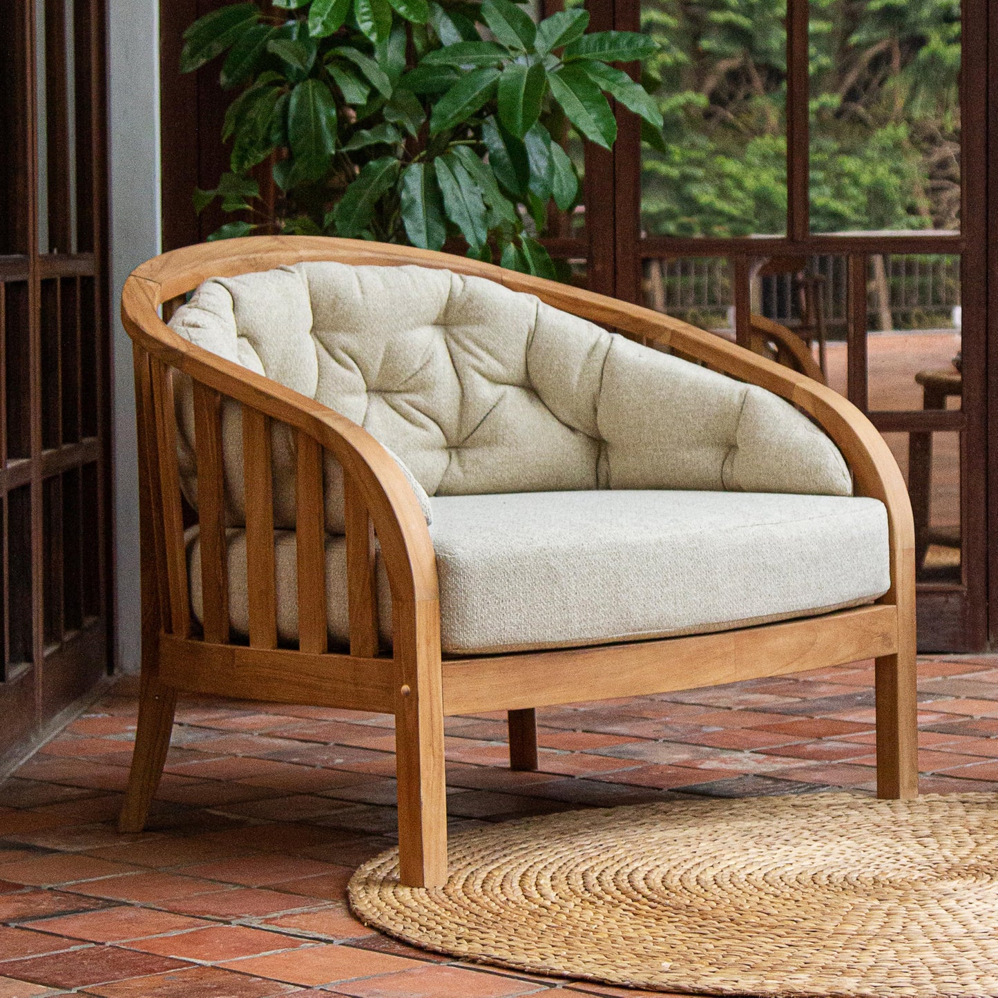 Cambridge Casual Bronte 3-Piece Teak Outdoor Lounge Set – 2 Oversized Lounge Chairs with Tufted Backrest Cushions & Teak Side Table with Honey-Core Wicker Shelf