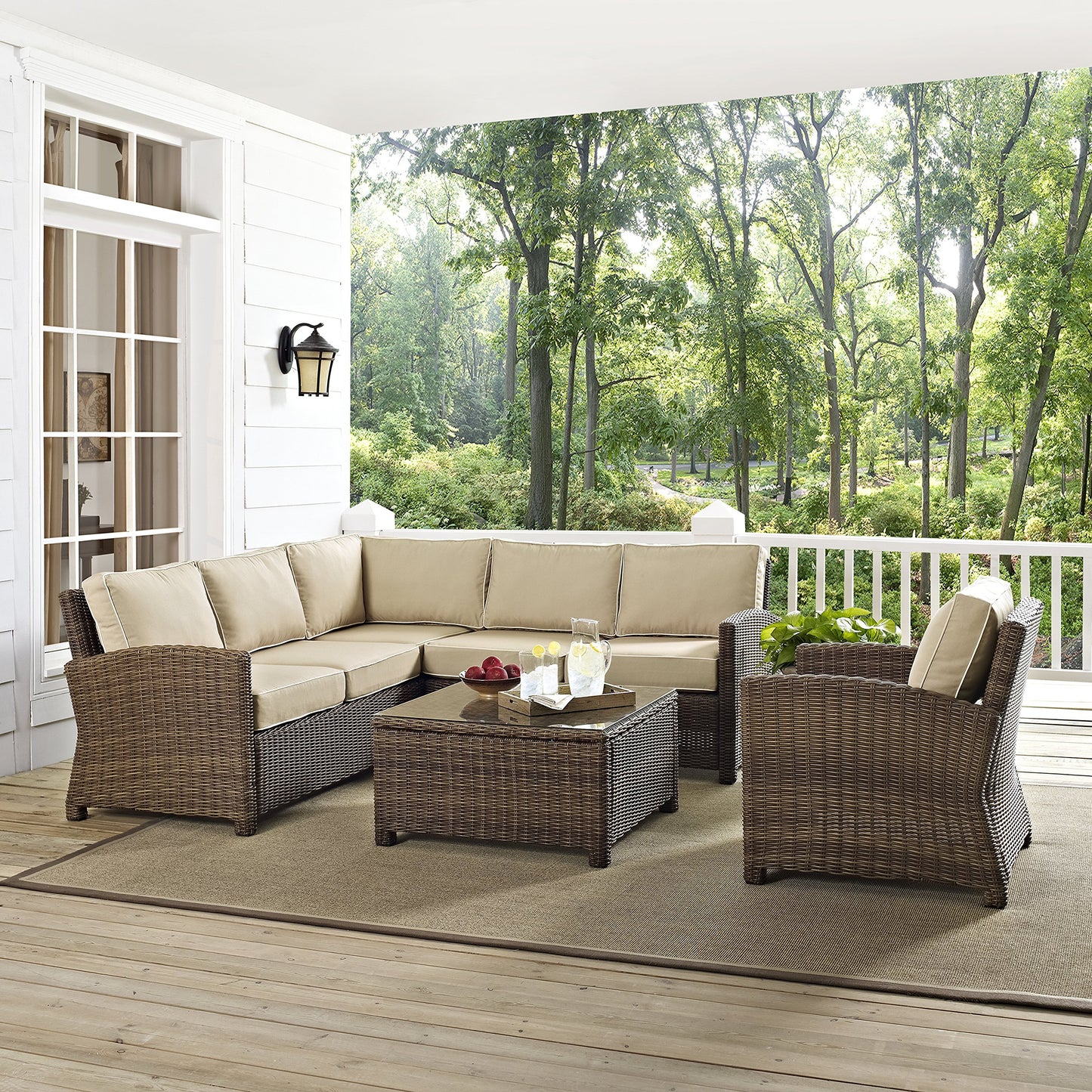 Crosley Furniture Bradenton 5-Piece Outdoor Sectional Sofa Wicker Conversation Patio Furniture Set for Deck, Brown with Sand Cushions