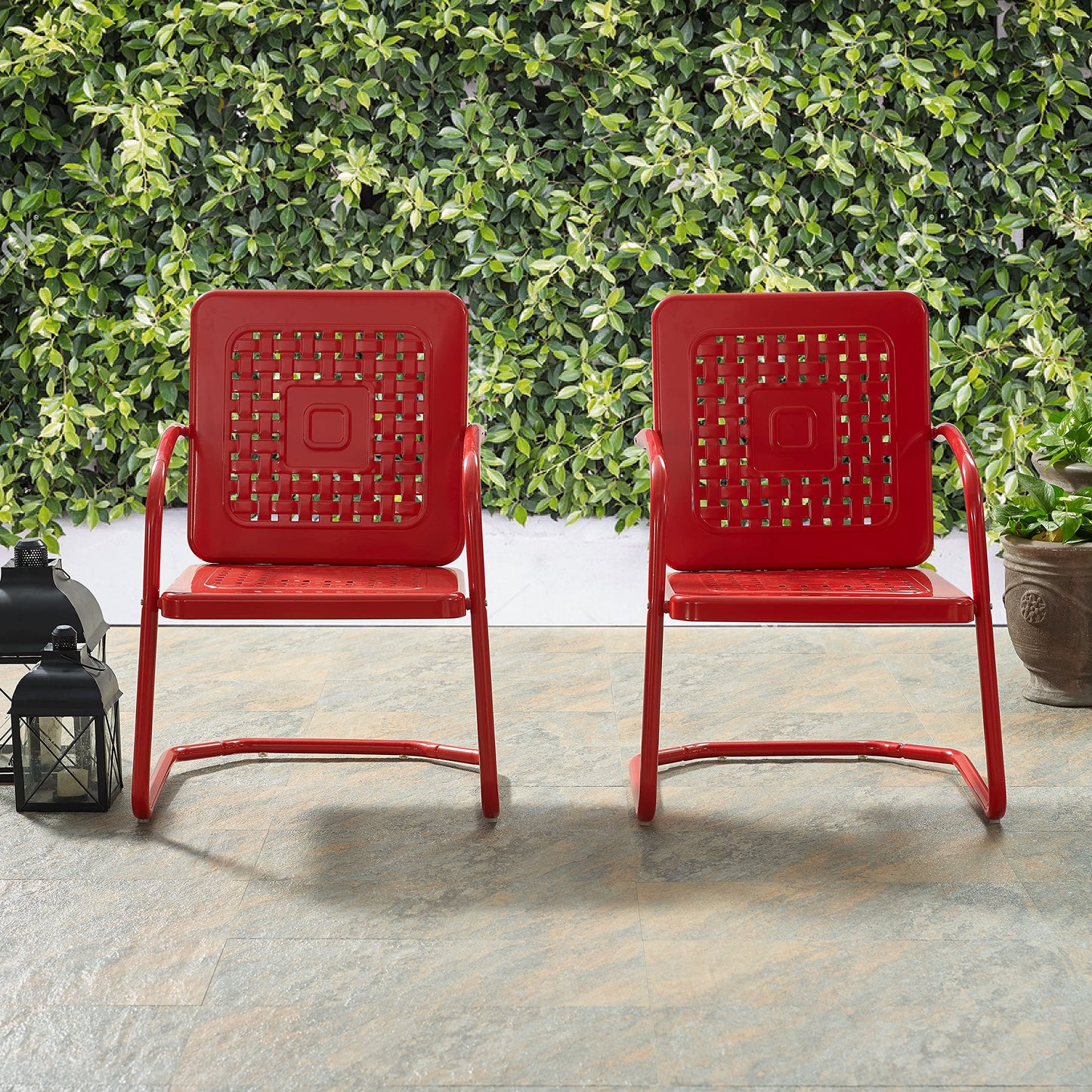 Crosley Furniture Bates 2-Piece Outdoor Chair Set, Retro Metal Patio Chairs for Dining, Porch, Deck, Balcony, Bright Red Gloss