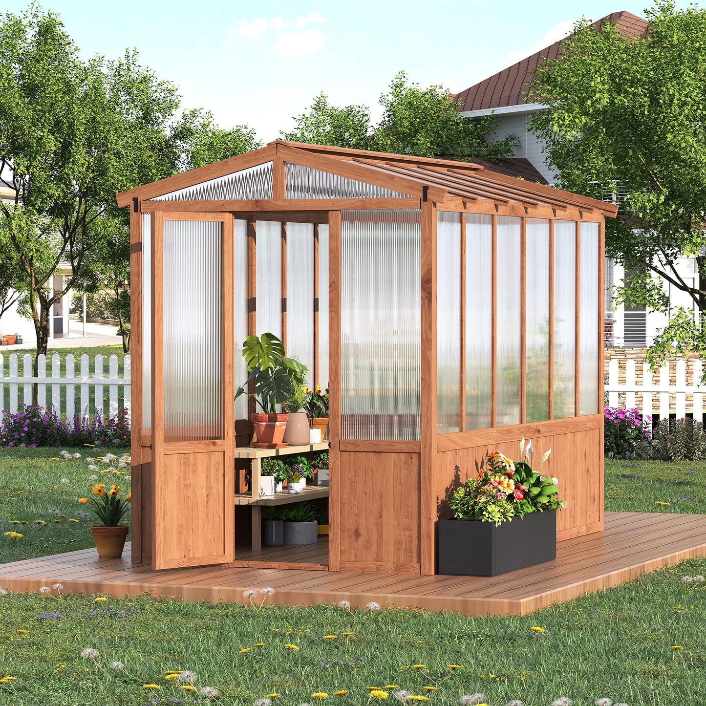 GarveeLife 6x10FT Wooden Greenhouses for Outdoors, Wooden Walk-in Green House with Cedar Frame, Greenhouse Kit with 6MM Thick Polycarbonate Panel