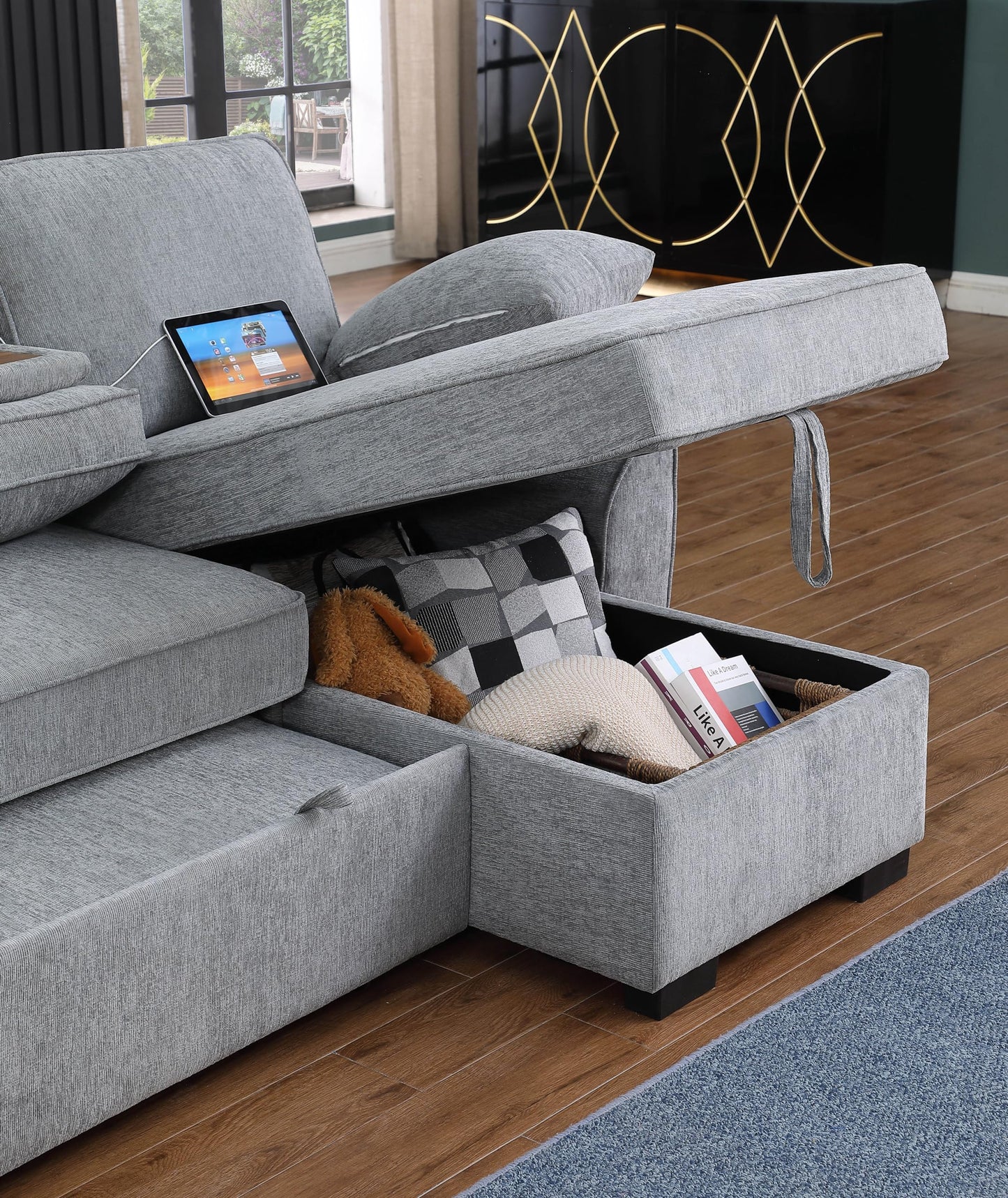ERYE L-Shaped Pull Out Sleeper Couch Bed, Modern Chenille Upholstered Button Tufted Corner Couch Reversible Sectional Sleeper Sofa Bed W/Storage Chaise, Cup Holders