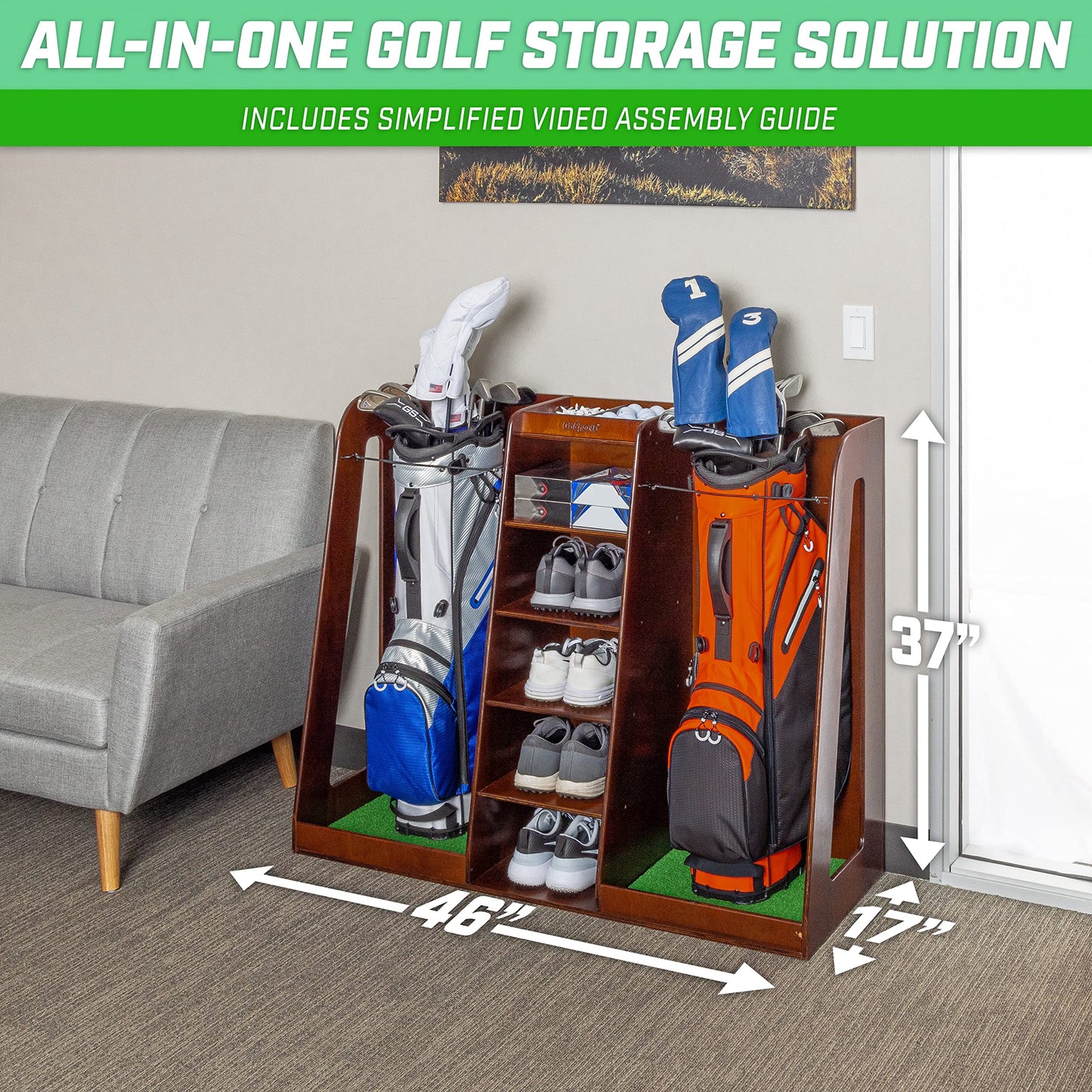 GoSports Premium Wooden Golf Bag Organizer and Storage Rack - Choose Your Style