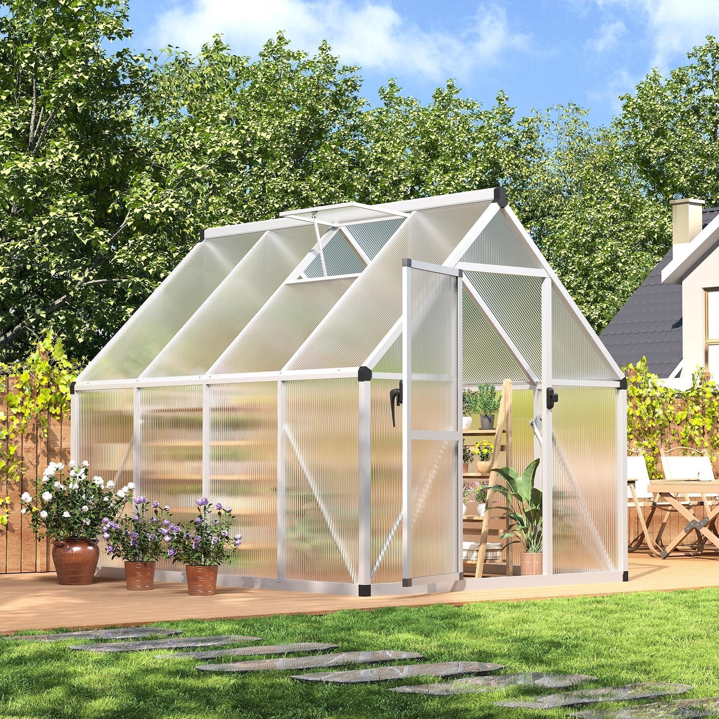 6x7 FT Outdoor Polycarbonate Greenhouse with Lockable Door, Adjustable Roof Vent, and Windproof Aluminum Frame, Walk-in Design for Backyard or Lawn