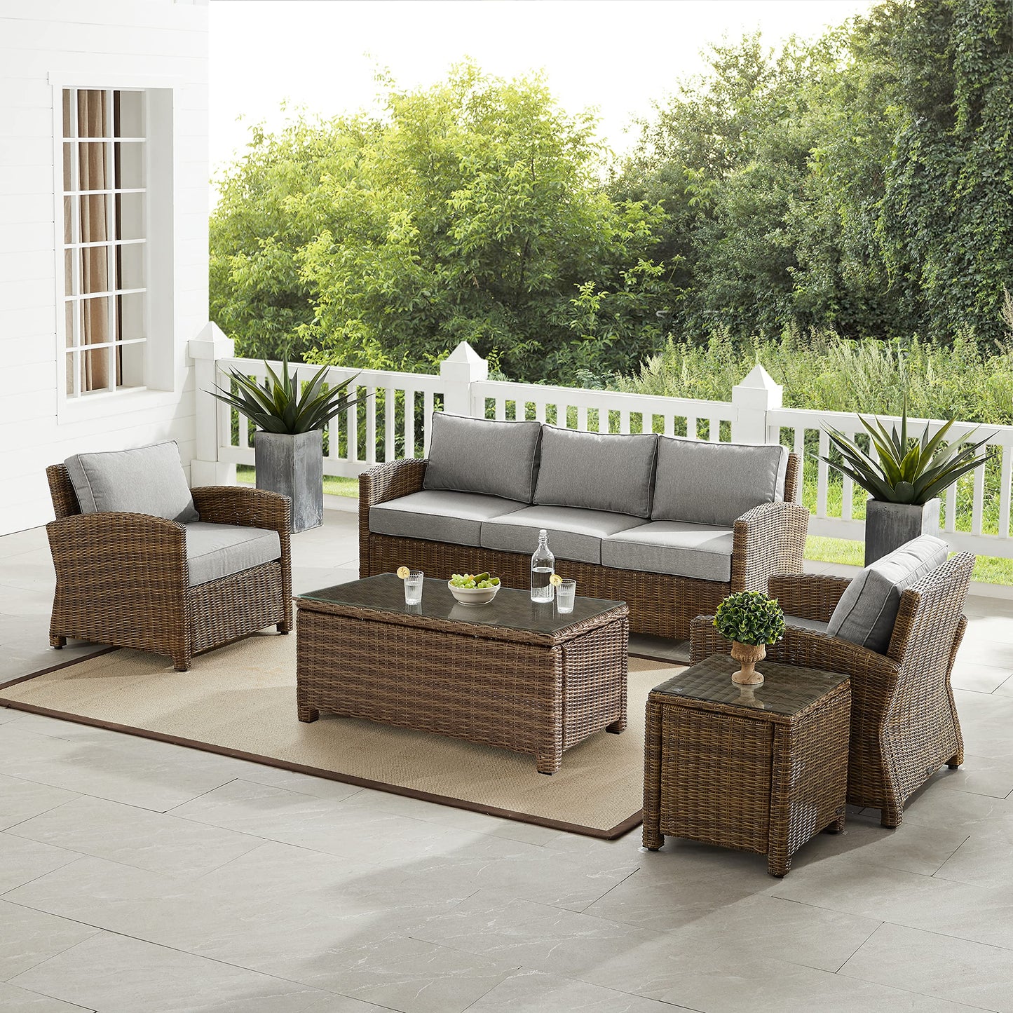 Crosley Furniture Bradenton 5-Piece Outdoor Sofa Patio Furniture Set, Wicker Conversation Sets for Porch, Brown with Gray Cushions