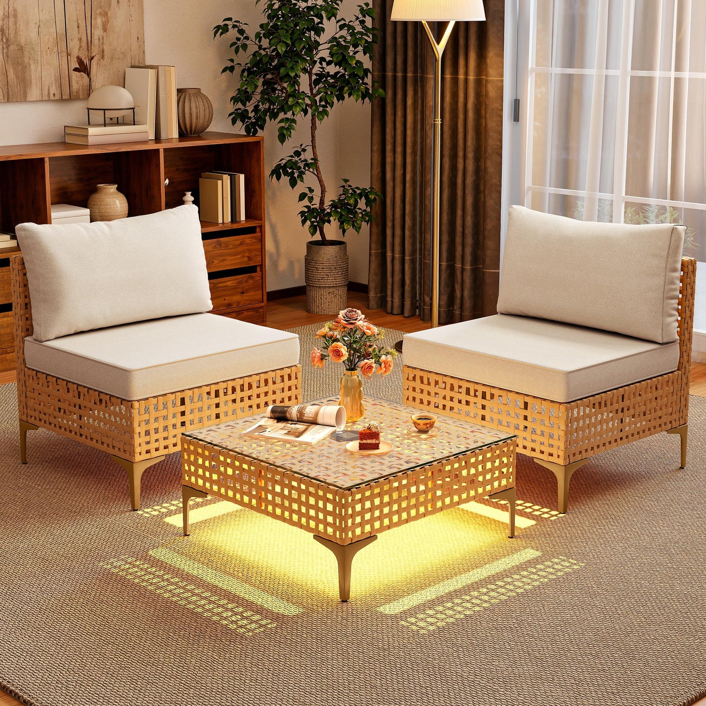 YITAHOME Wicker Patio Furniture Set 3 Pieces Outdoor Sectional Sofa with Solar Light Table Outdoor Couch with Waterproof Cushions All-Weather Rattan Patio Conversation Set for Indoor/Outdoor