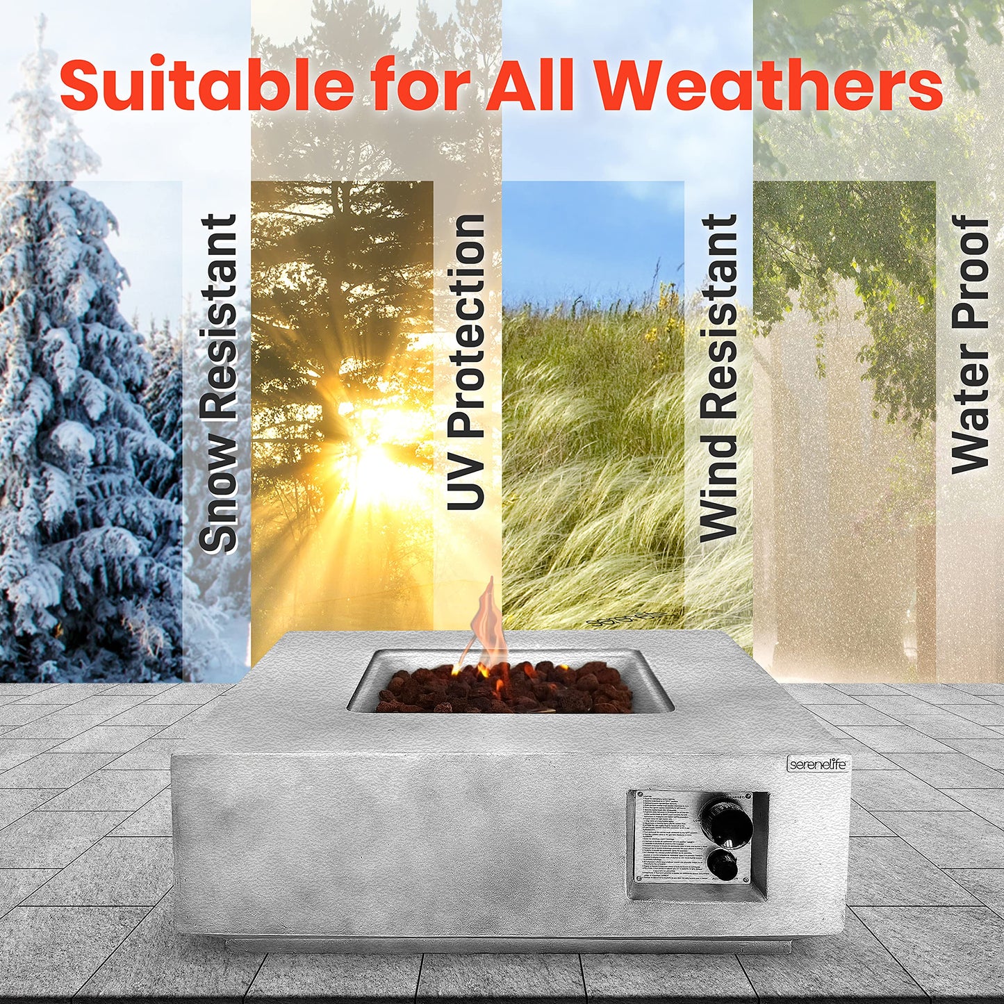 Outdoor Propane Fire Pit Table - CSA/ETL Certified Safe 40,000 Pulse Ignition Weatherproof Square Propane Gas Fire Table - Adjustable Flame, Thermocouple - PVC Cover, Lava Rock - SereneLife SLFPLG9