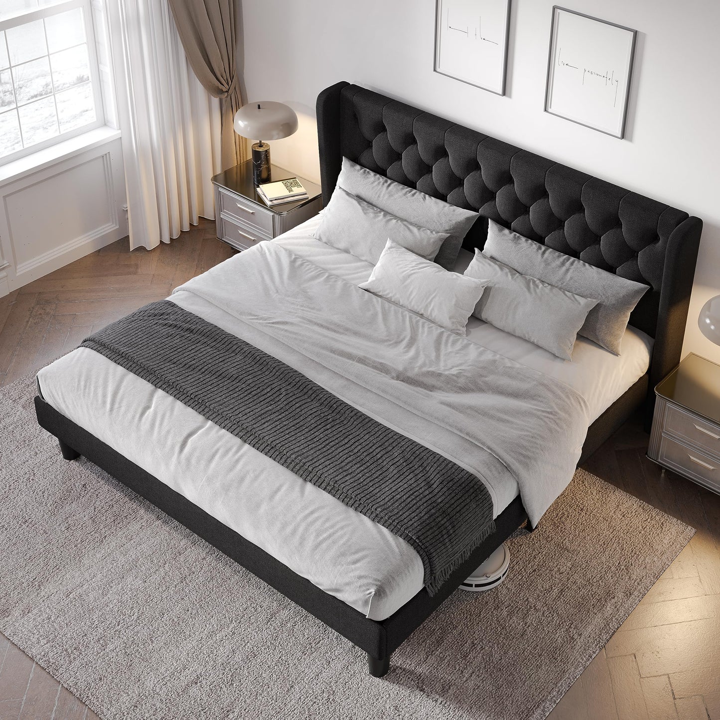 Allewie King Size Bed Frame with Button Tufted Wingback Headboard, Modern Upholstered Bed Frame with Solid Wooden Slats Support - No Box Spring Needed, Easy Assembly, Black