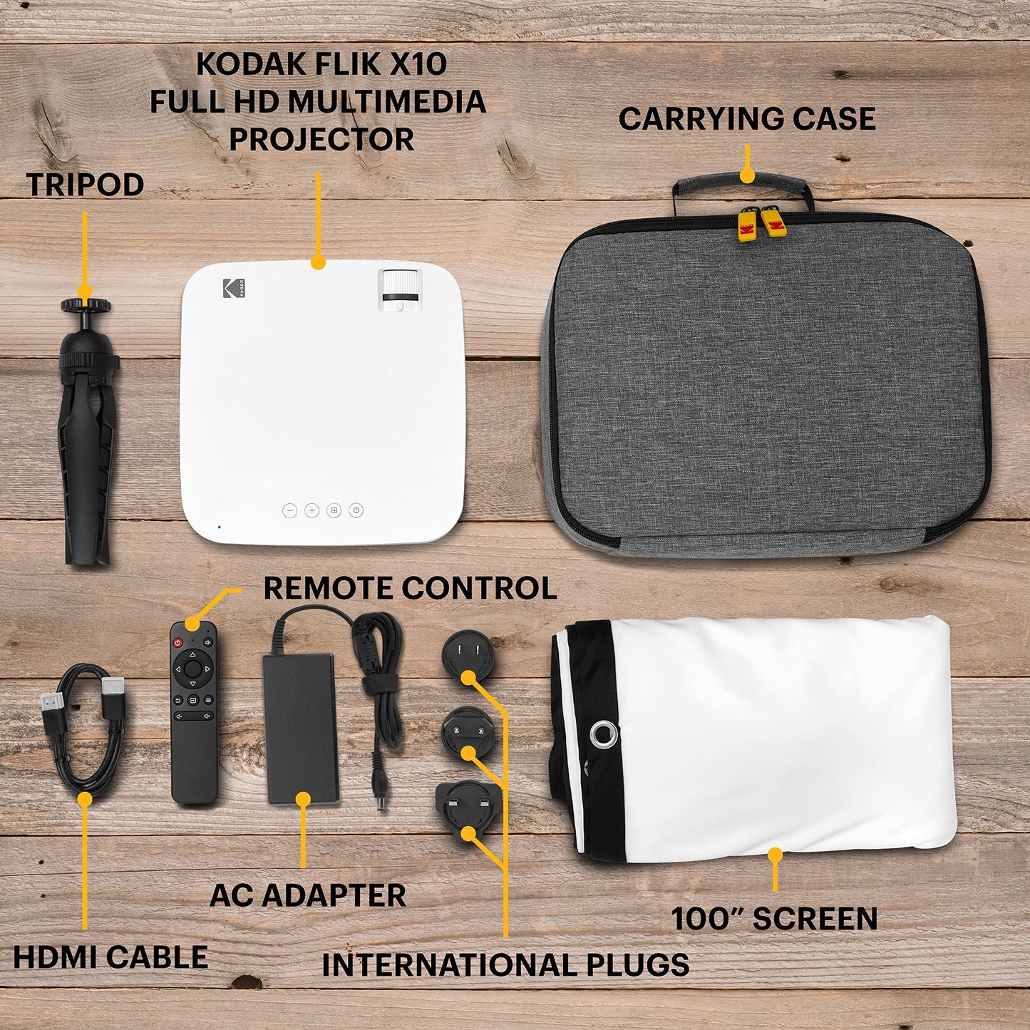 KODAK FLIK X10 1080p Full HD Mini Projector Kit - 100in Screen, HDMI Cable & Projector Stand - 1080p Projection for 100-120in Projection Screen - Portable Outdoor Unit with Remote for Home Theater