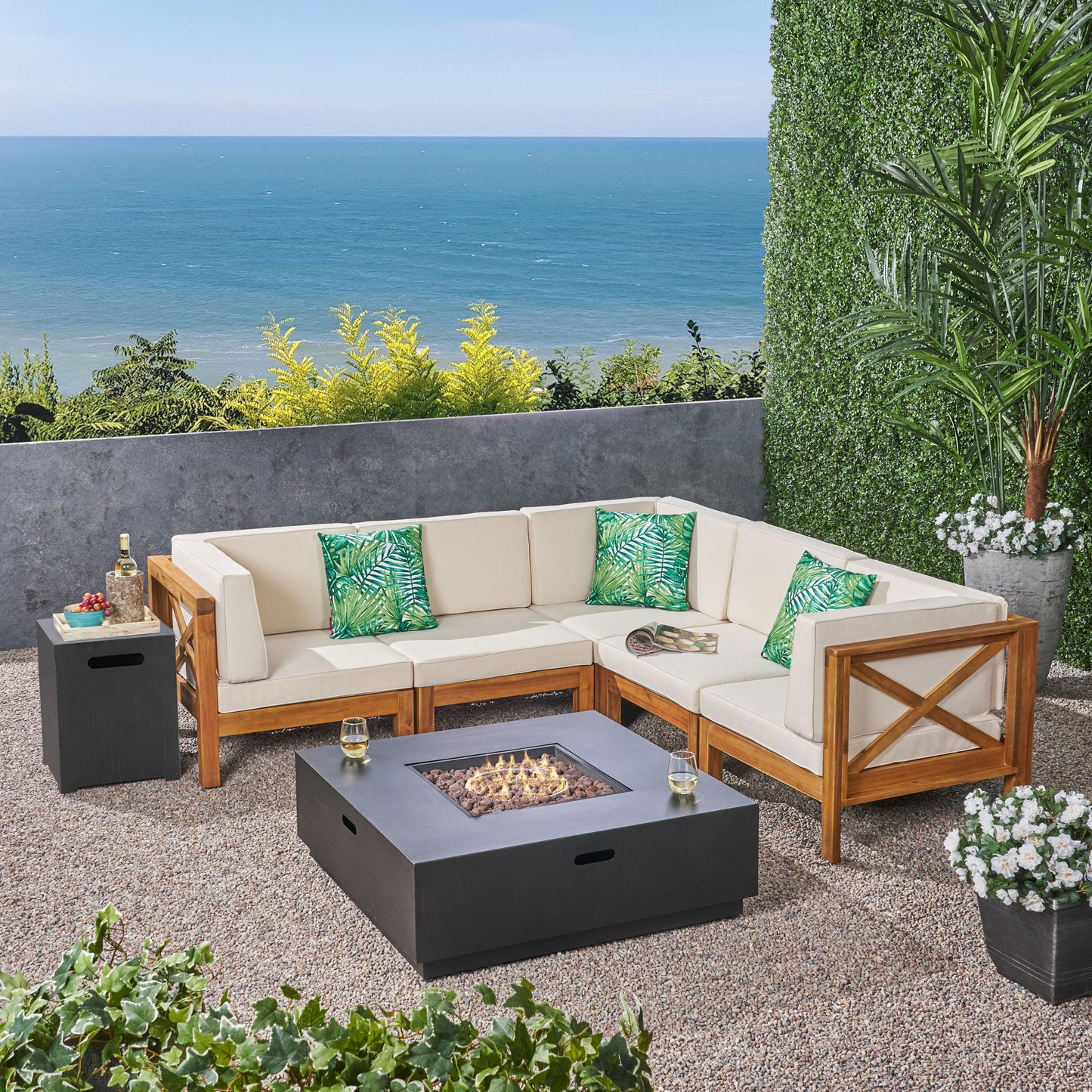 Christopher Knight Home Culatra Outdoor Acacia Wood 5 Seater Sectional Couches Sofa Patio Furniture Set with Fire Pit, 88.5 "W x 88.5 "D x 26.5 "H, Teak + Beige + Dark Gray