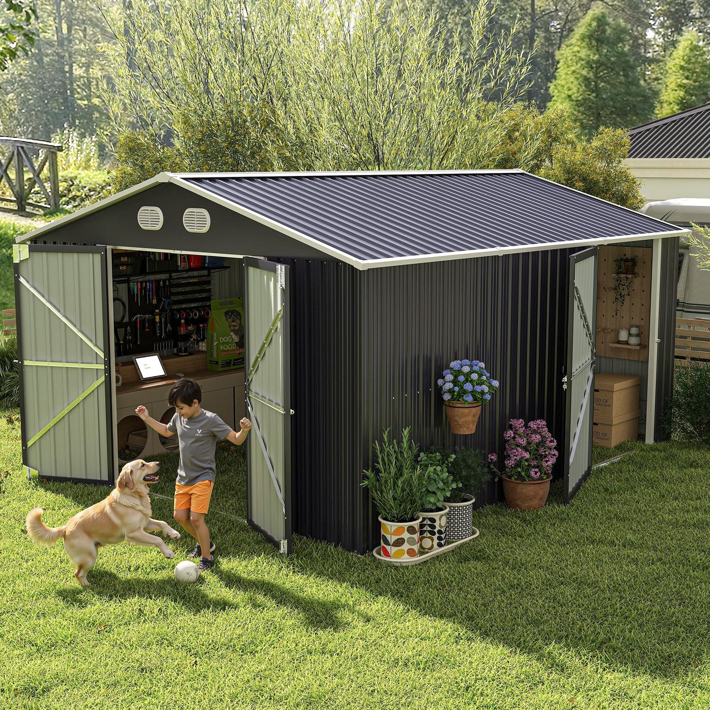 KEIKI 10x12 FT Metal Outdoor Storage Shed, Heavy Duty Steel Garden Tool Shed with Lockable Doors, Window & Sloped Roof, Waterproof Backyard Patio Storage Building, Dark Gray