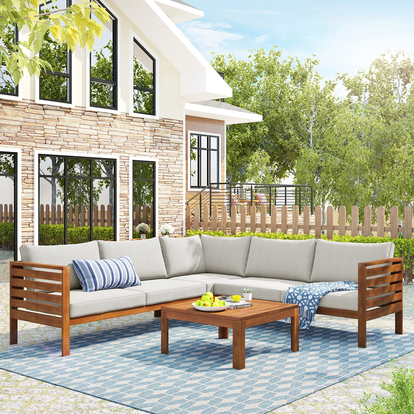 Merax Outdoor L Shaped Sofa with Coffee Table & Armrest & Beige Cushions, Strong Wood Structure Exotic Patio Furniture Set Water-Resistant, for Garden Balcony Poolside (Beige)