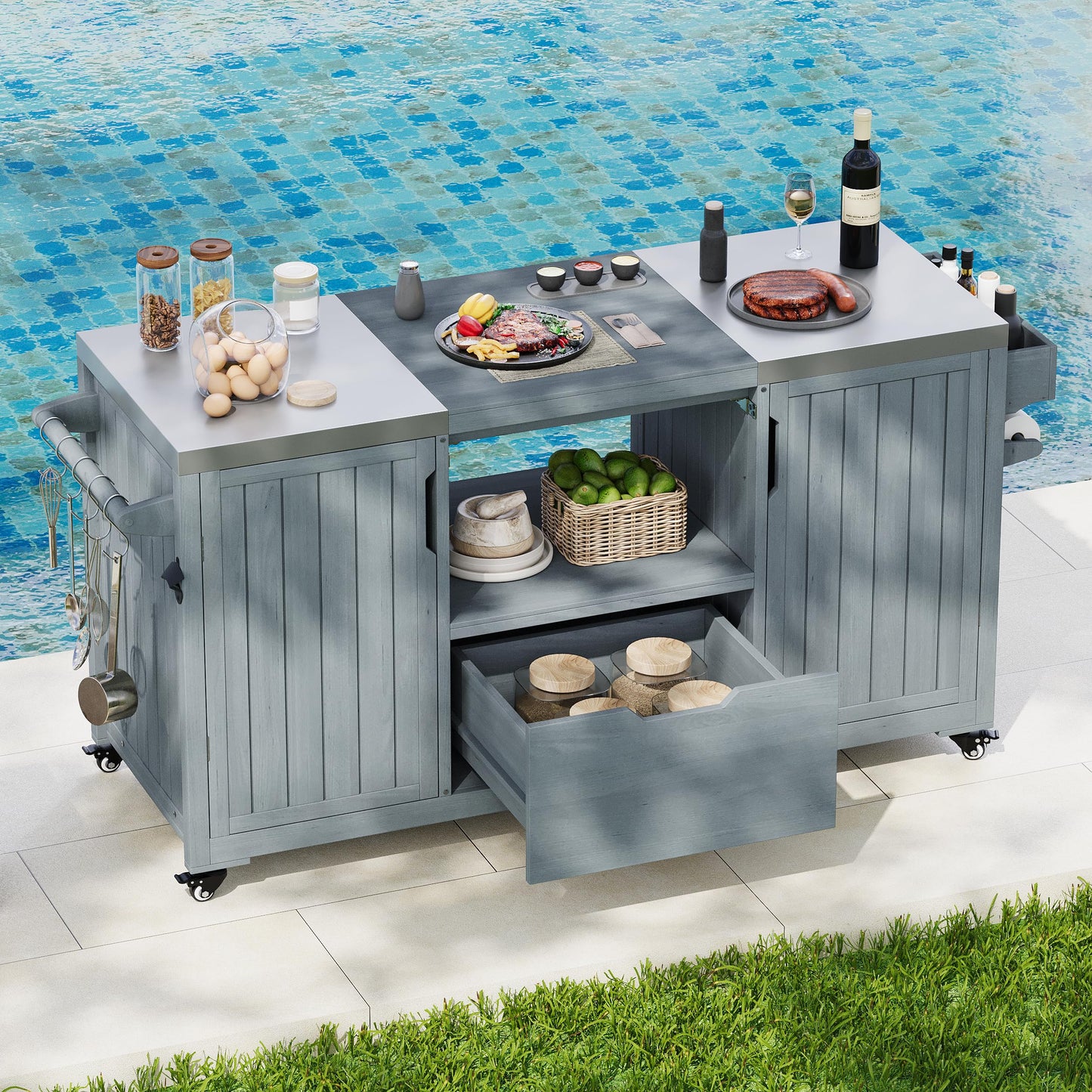 Merax Outdoor Kitchen Island for Big Green Egg, 66.5" Grill Cart with Stainless Steel Top, Storage Cabinet, Wheels, Solid Wood Grill Table, Kamado Joe Compatible