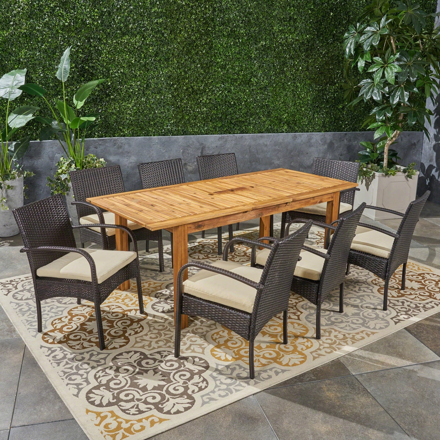 Christopher Knight Home Elmar Outdoor 9 Piece Acacia Wood and Wicker Expandable Dining Set, 22.1 "W x 23.5 "D x 32.75 "H, Sandblasted Natural Brown + Multibrown + Cream