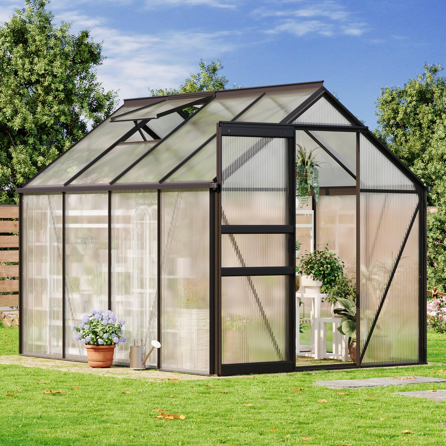 GarveeLife 6 x 8 FT Walk-in Greenhouses for Outside, Polycarbonate Greenhouse with Sliding Door, Adjustable Roof Vent, Aluminum Frame, Backyard Green Houses for Patio Garden
