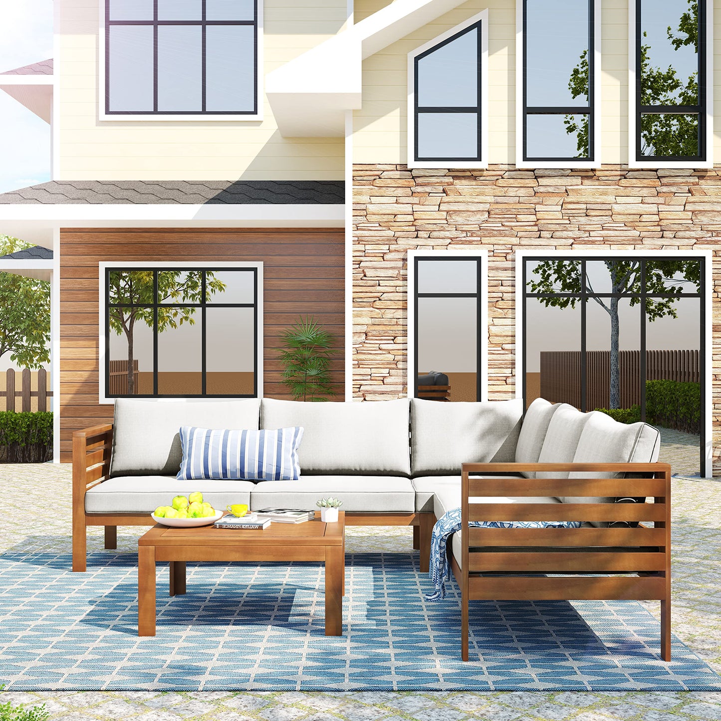 Merax Outdoor L Shaped Sofa with Coffee Table & Armrest & Beige Cushions, Strong Wood Structure Exotic Patio Furniture Set Water-Resistant, for Garden Balcony Poolside (Beige)