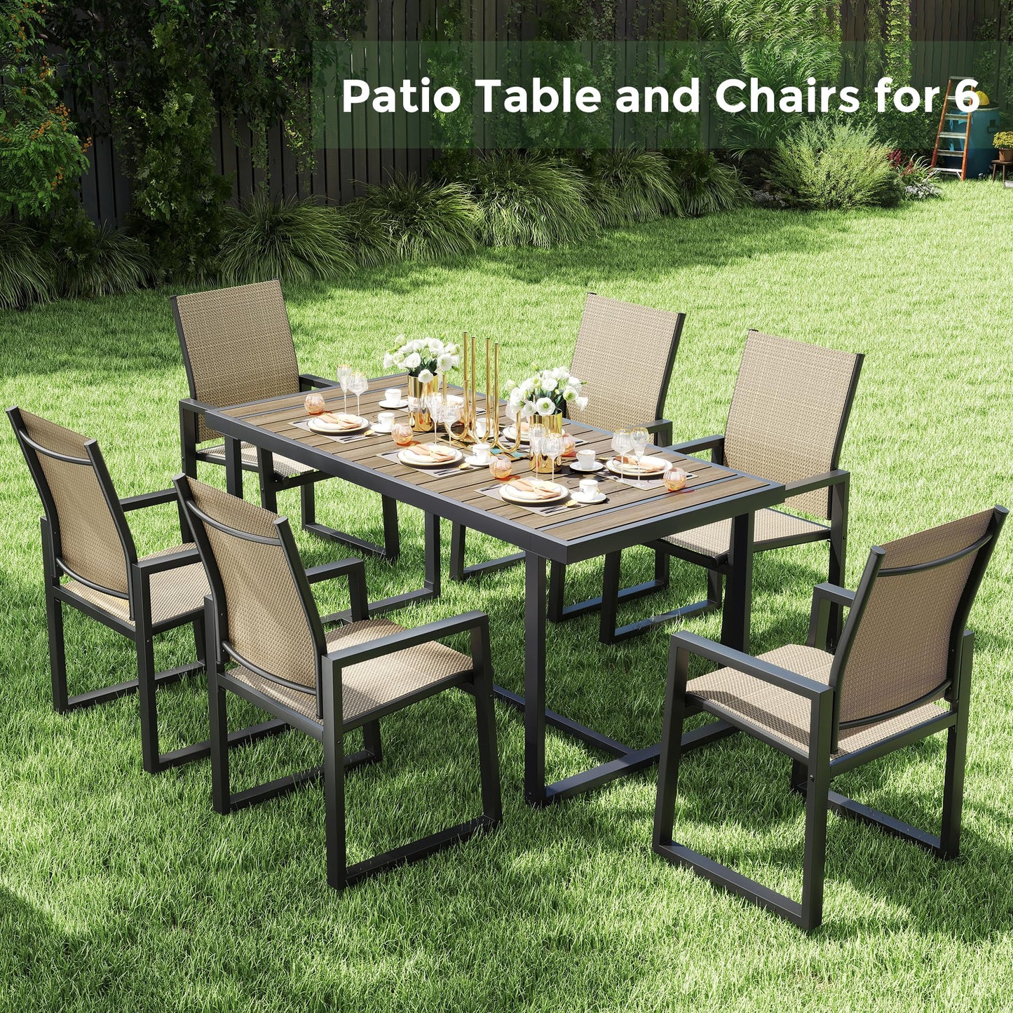 Jocoevol 7 Piece Patio Dining Set for 6, Outdoor Furniture Set Includes 67" Rectangle Patio Table and 6 Textilene Dining Chairs, Outdoor Table and Chairs for Outsides, Backyard, Garden and Poolside