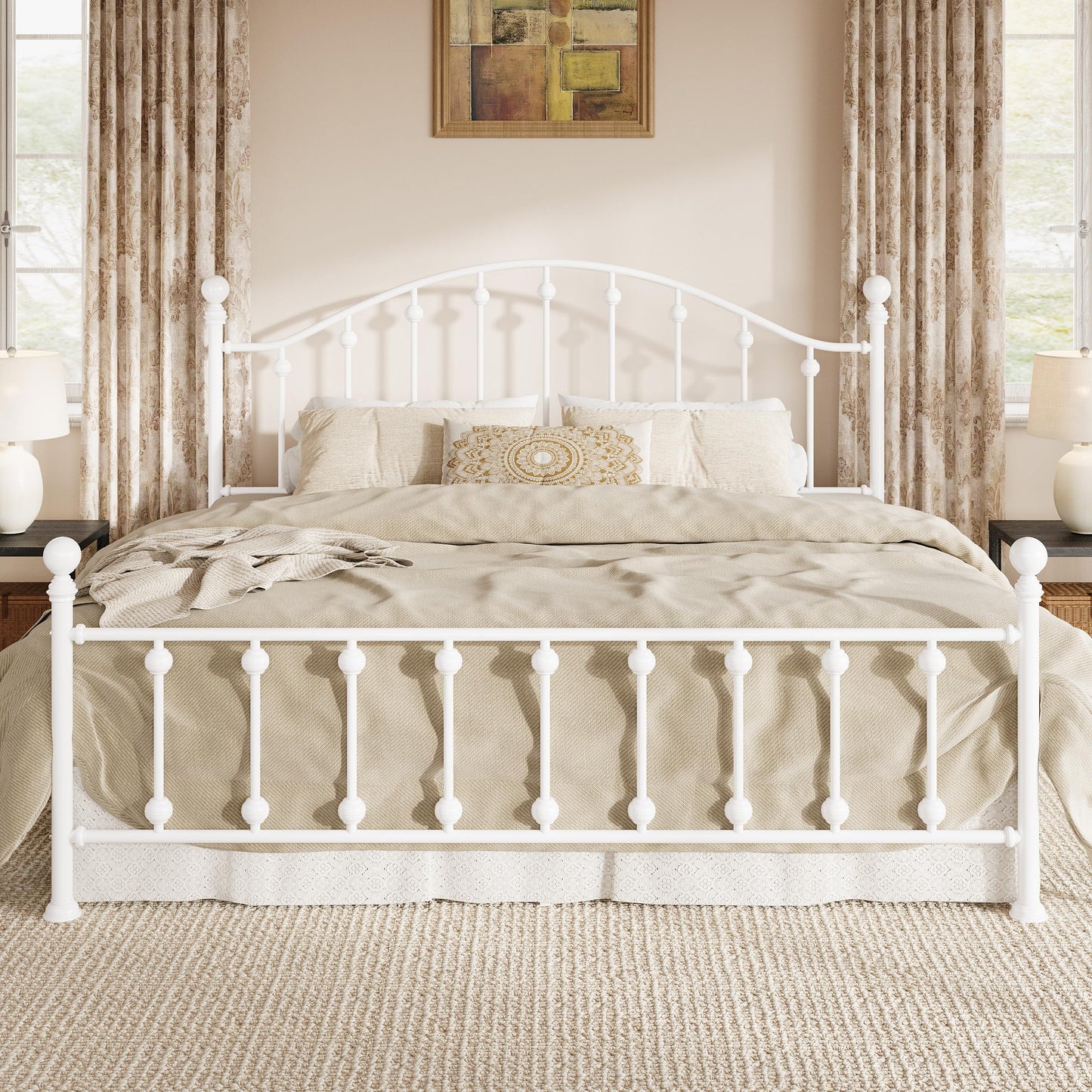 SHA CERLIN King Metal Bed Frame, Victorian Style Platform Bed with Curved Headboard and Classic Footboard, No Box Spring Needed, White