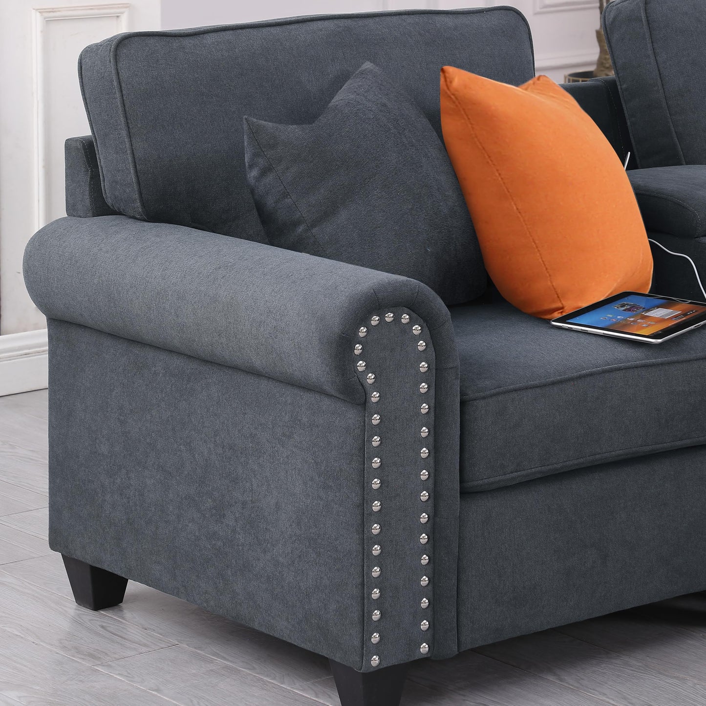 Ball & Cast 127" L-Shaped Sectional Couch with Movable Ottoman & Nailhead Trim Armrest,7 Seat Chenille Upholstered Sofa W/ 2 Cup Holder,USB Port&Hidden Storage Box,DIY Combination,for Living Room,Gray